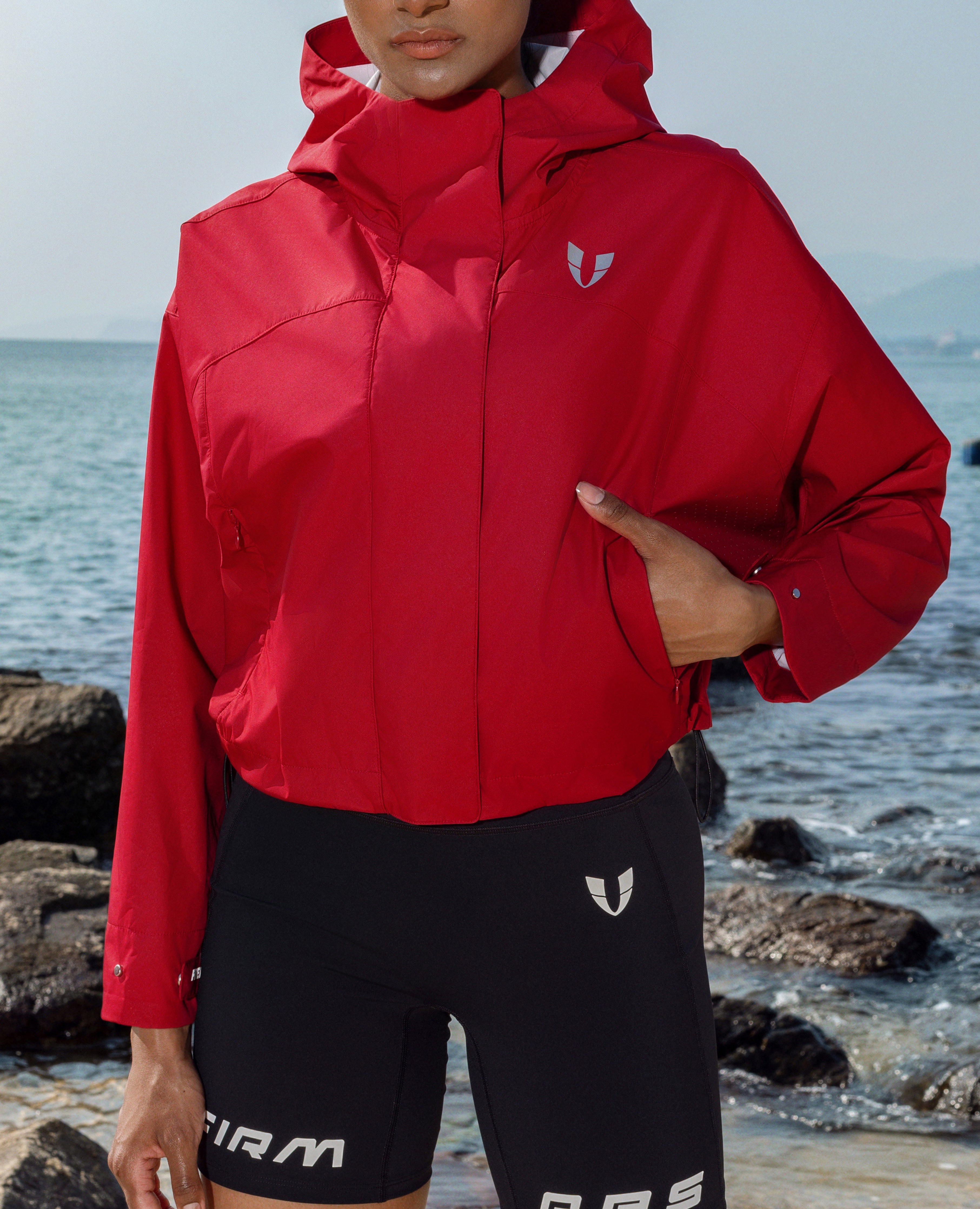 Loose Fit Workout Zip Drawstring Hoodie Jacket - Red