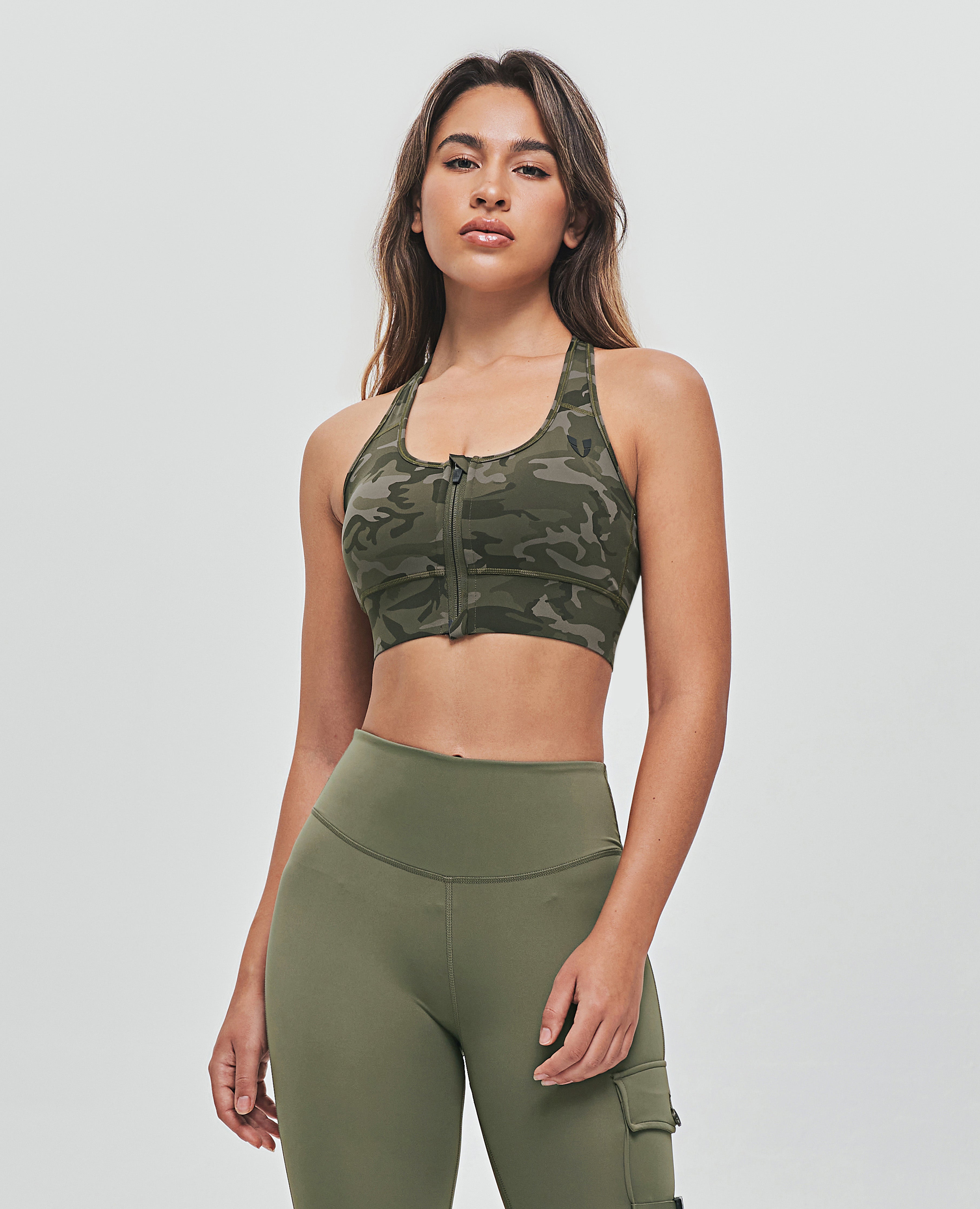 Zip Front Sports Bra - Green Camo