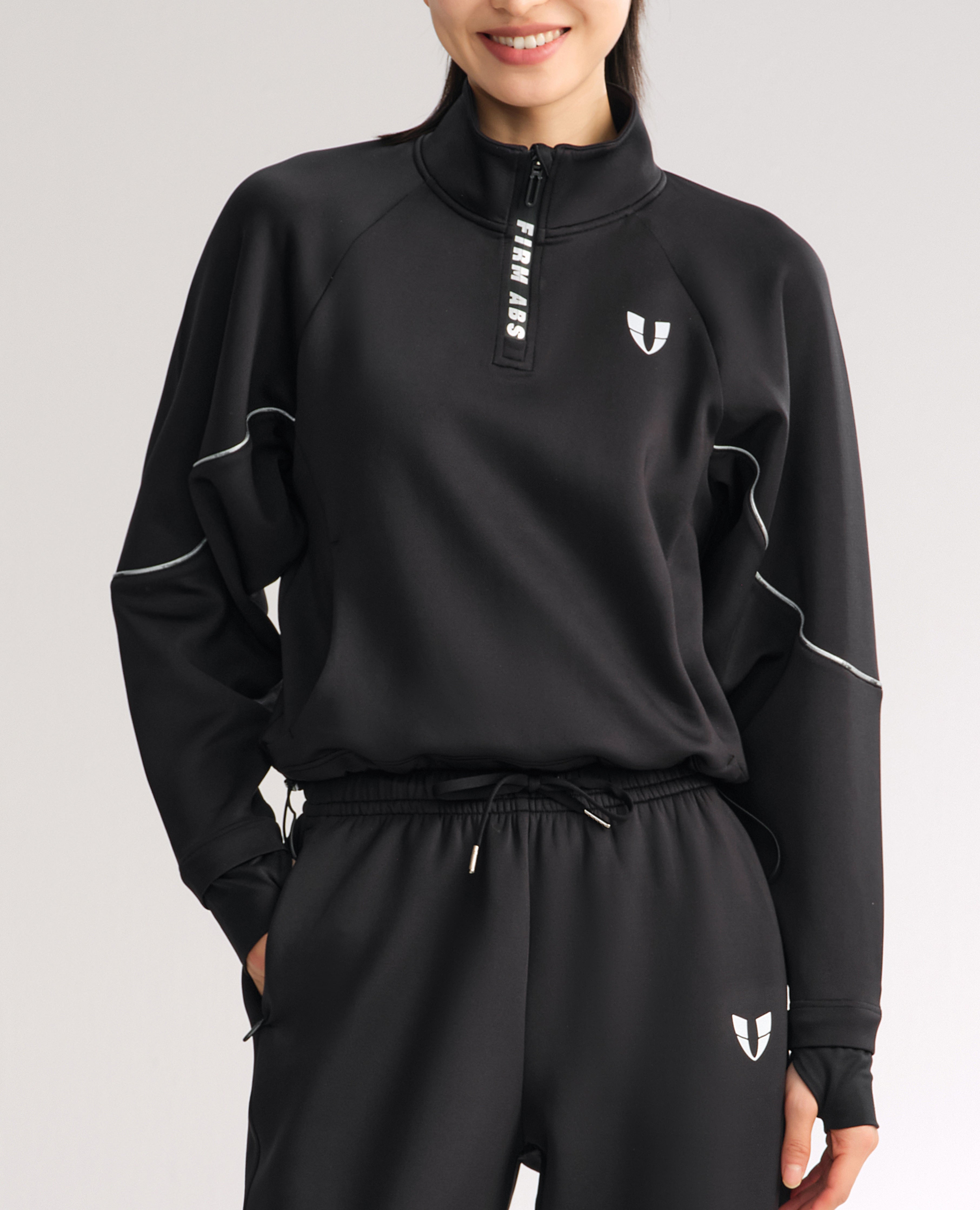 firmabs Stand Collar Half Zip Drawstring Athletic Pullover Black