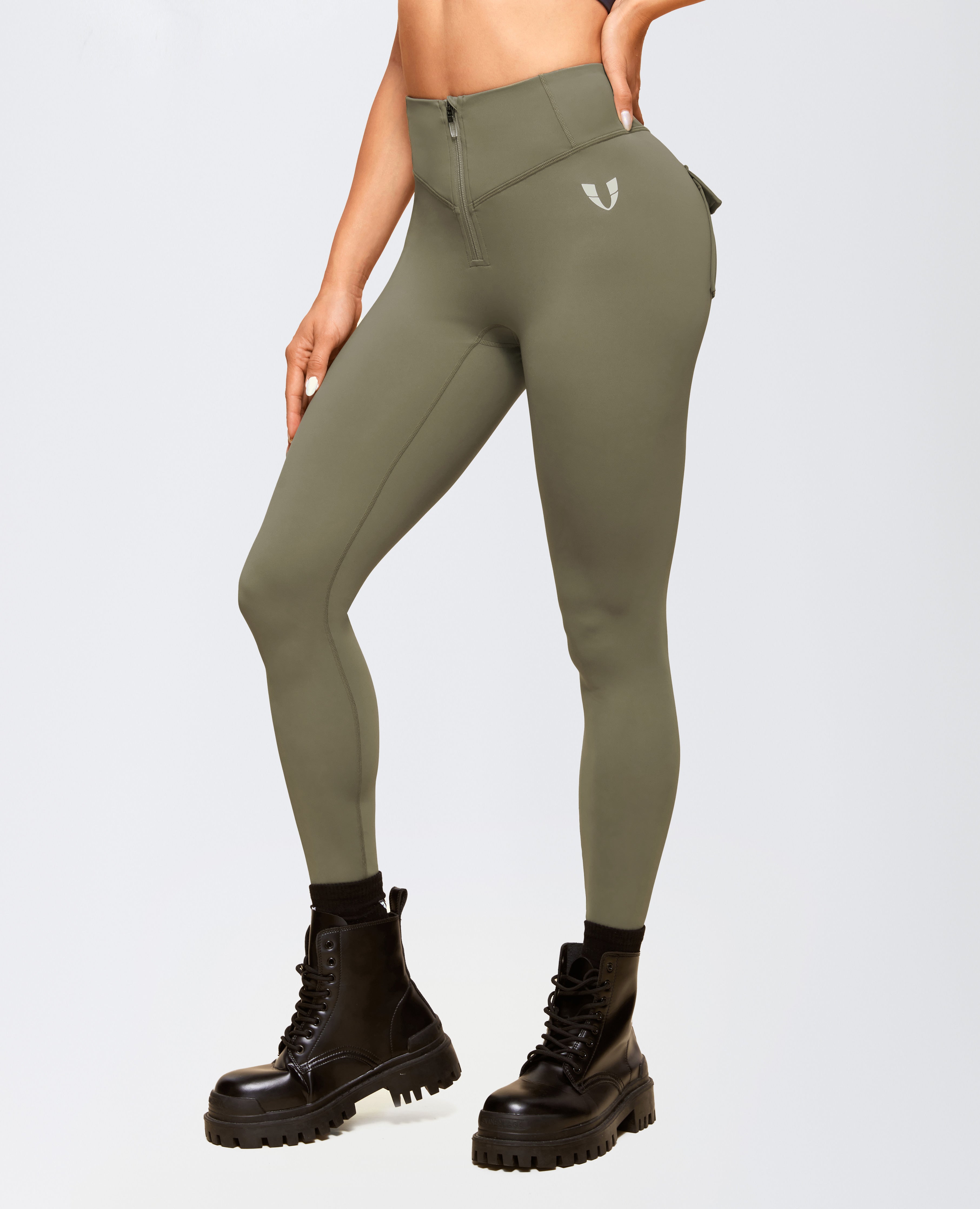 Zip Front Pocket Powerful leggings - Army Green