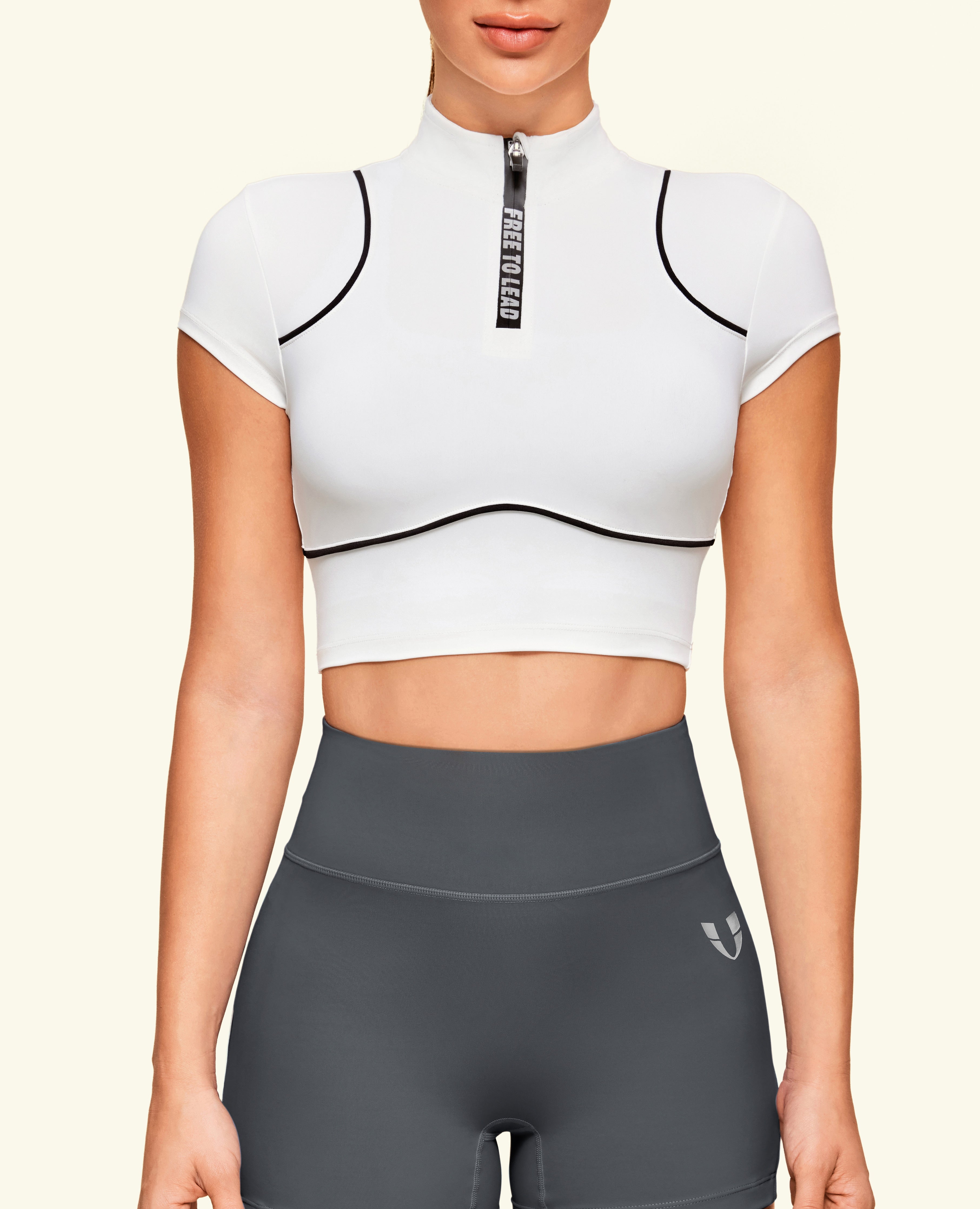 Half Zip Cropped Workout Top - White
