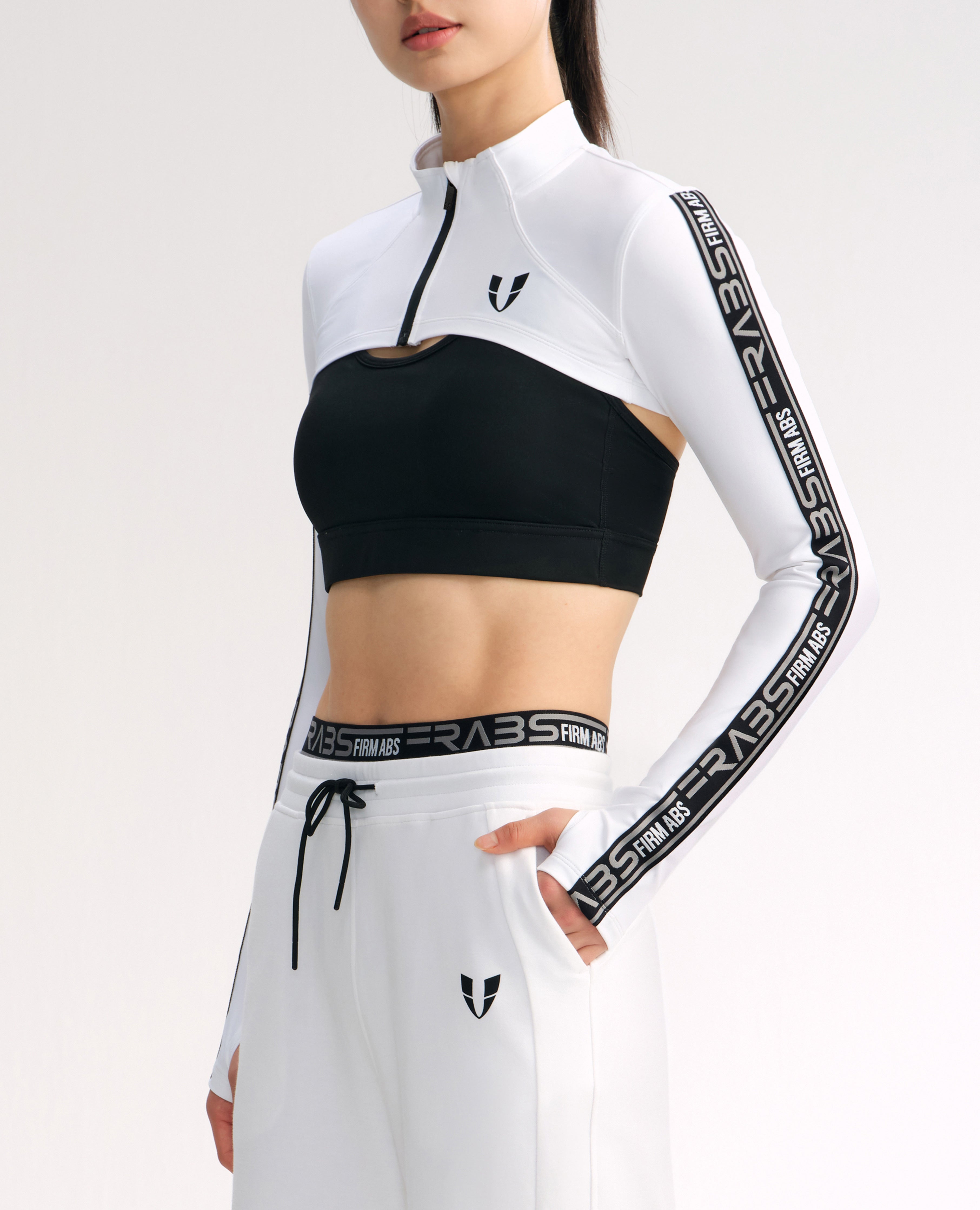 Ultra Cropped Long Sleeve Zip Up Top - White