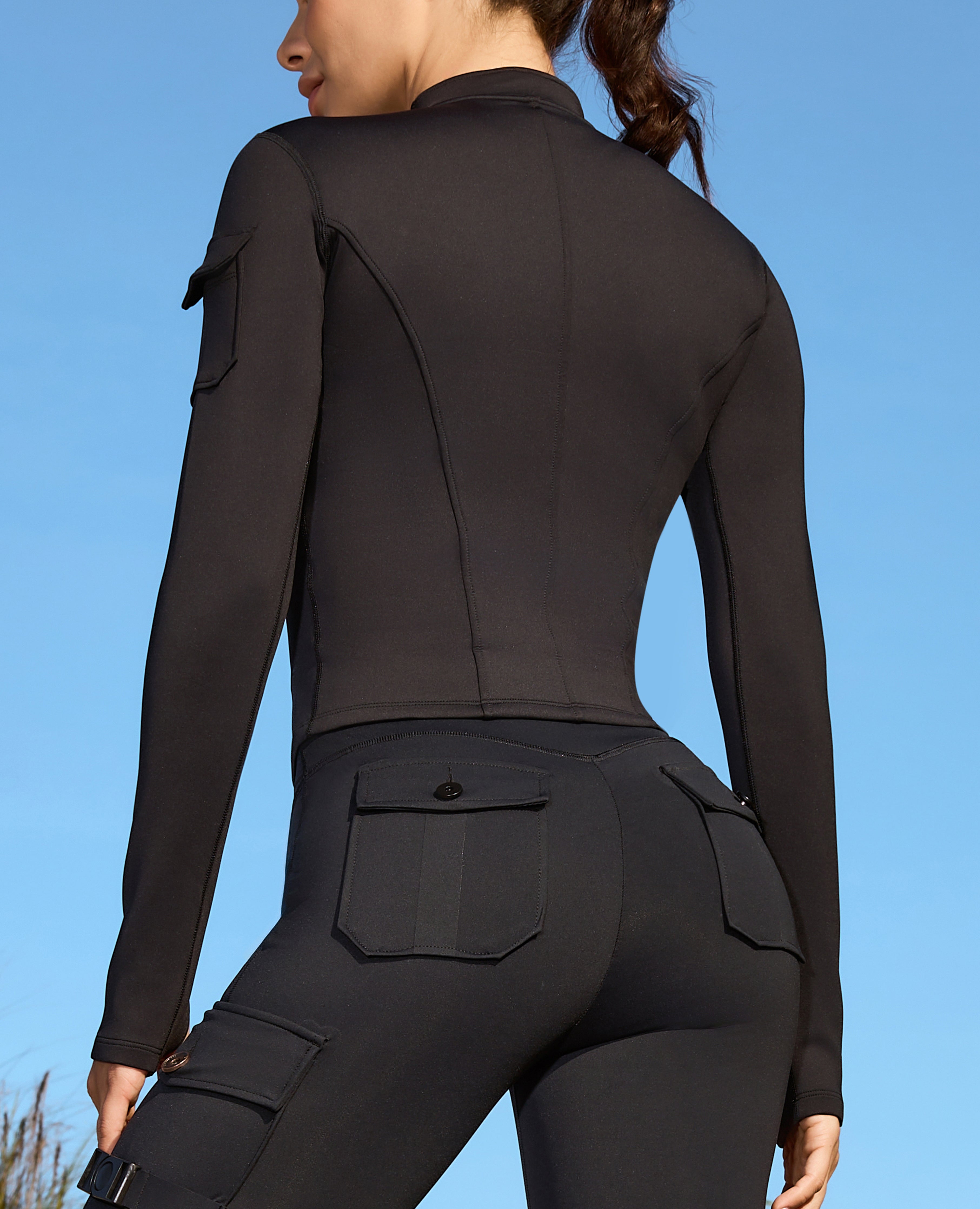 Stand Collar Fitness Moto Jacke - Schwarz