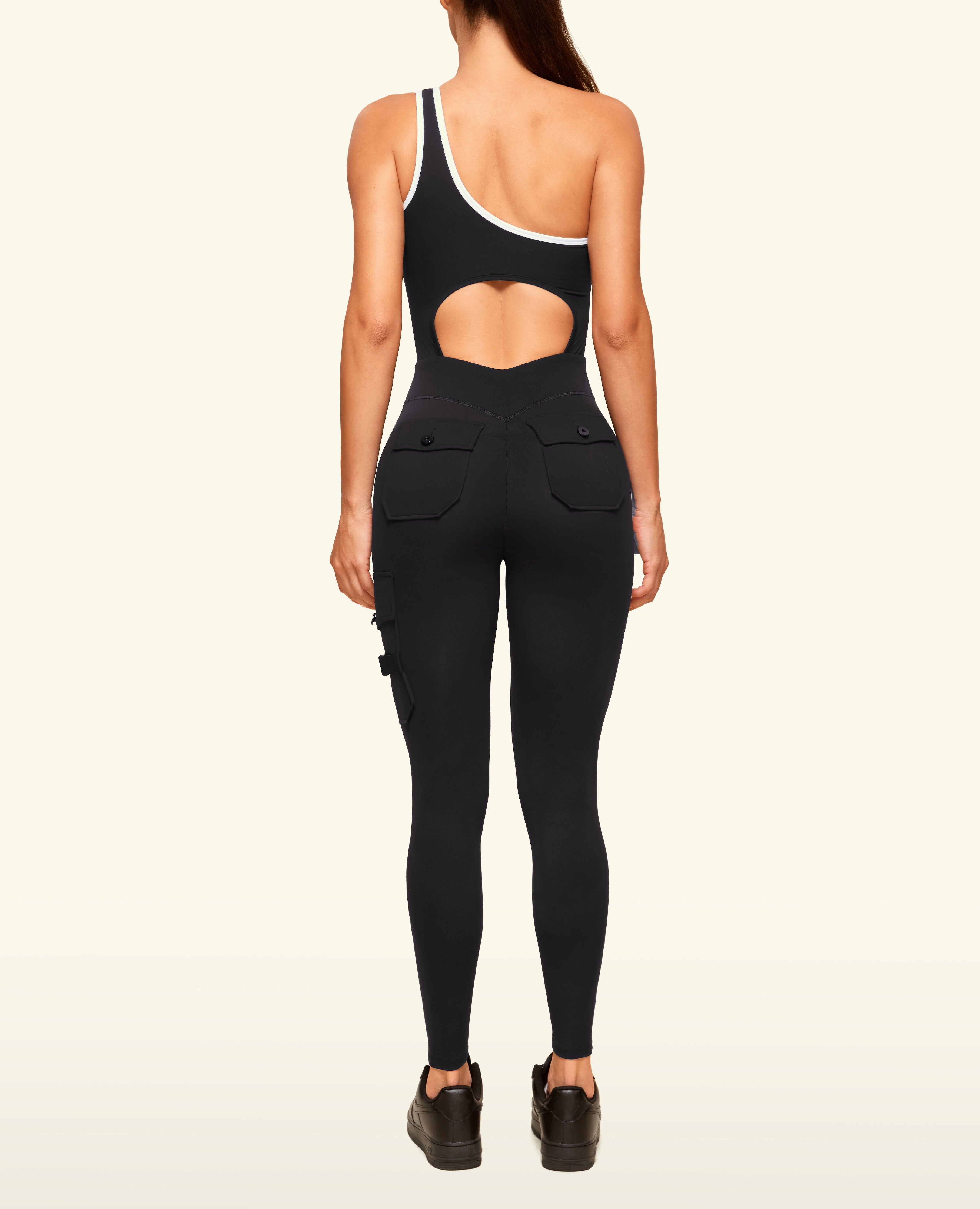 One Shoulder Pocket Long Bodysuit  - Black