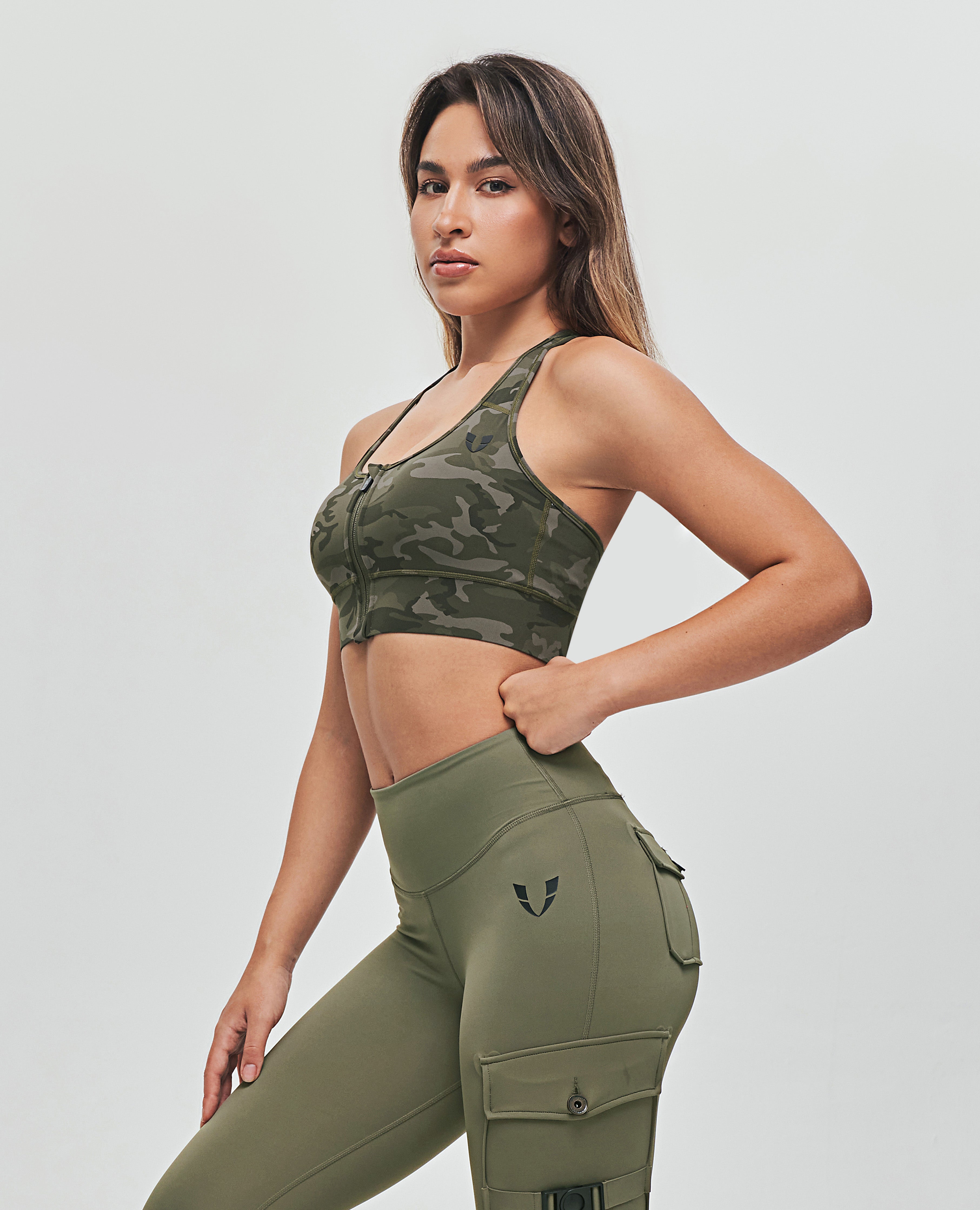 Zip Front Sports Bra - Green Camo