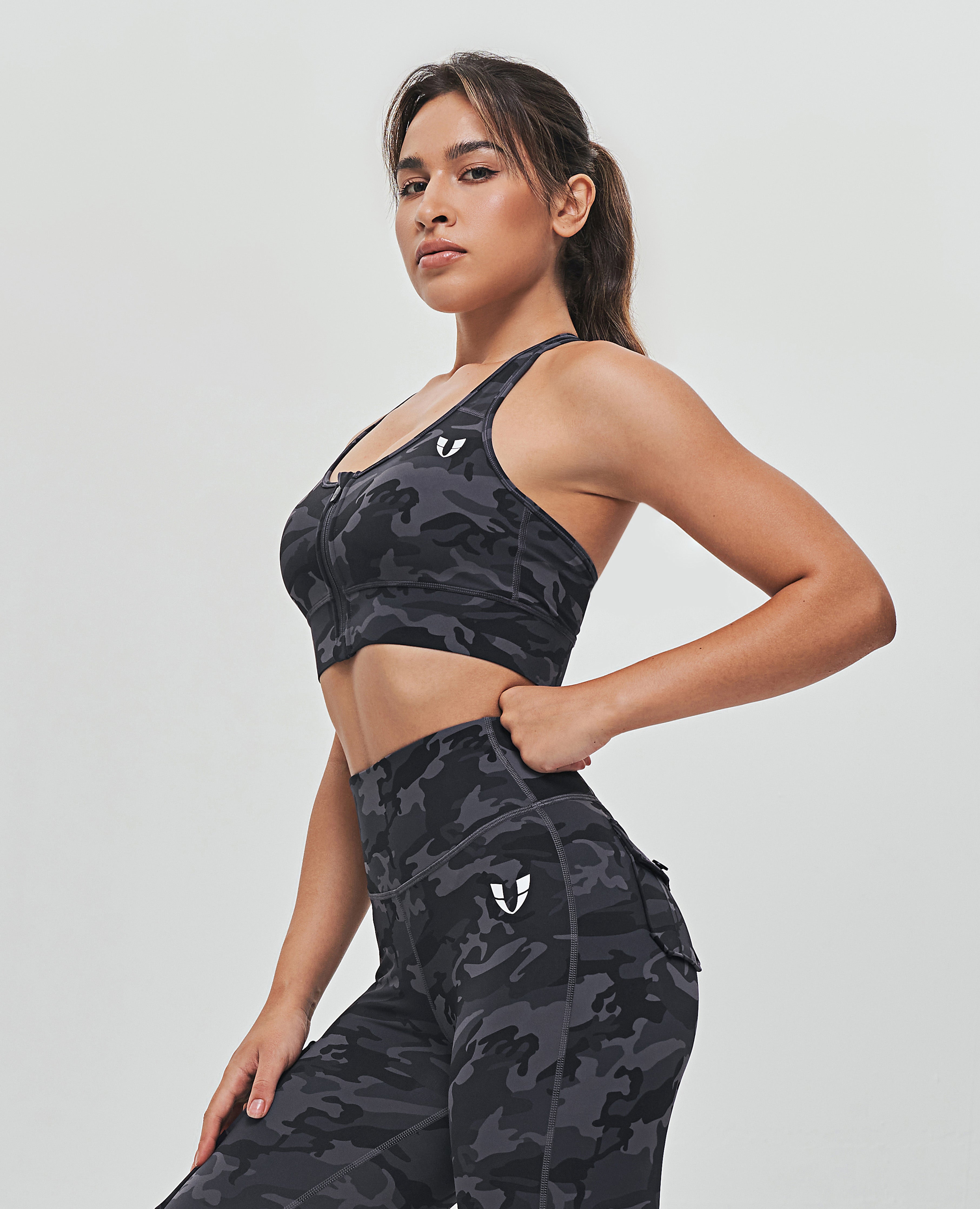 Zip Front Sports Bra - Gray Camo