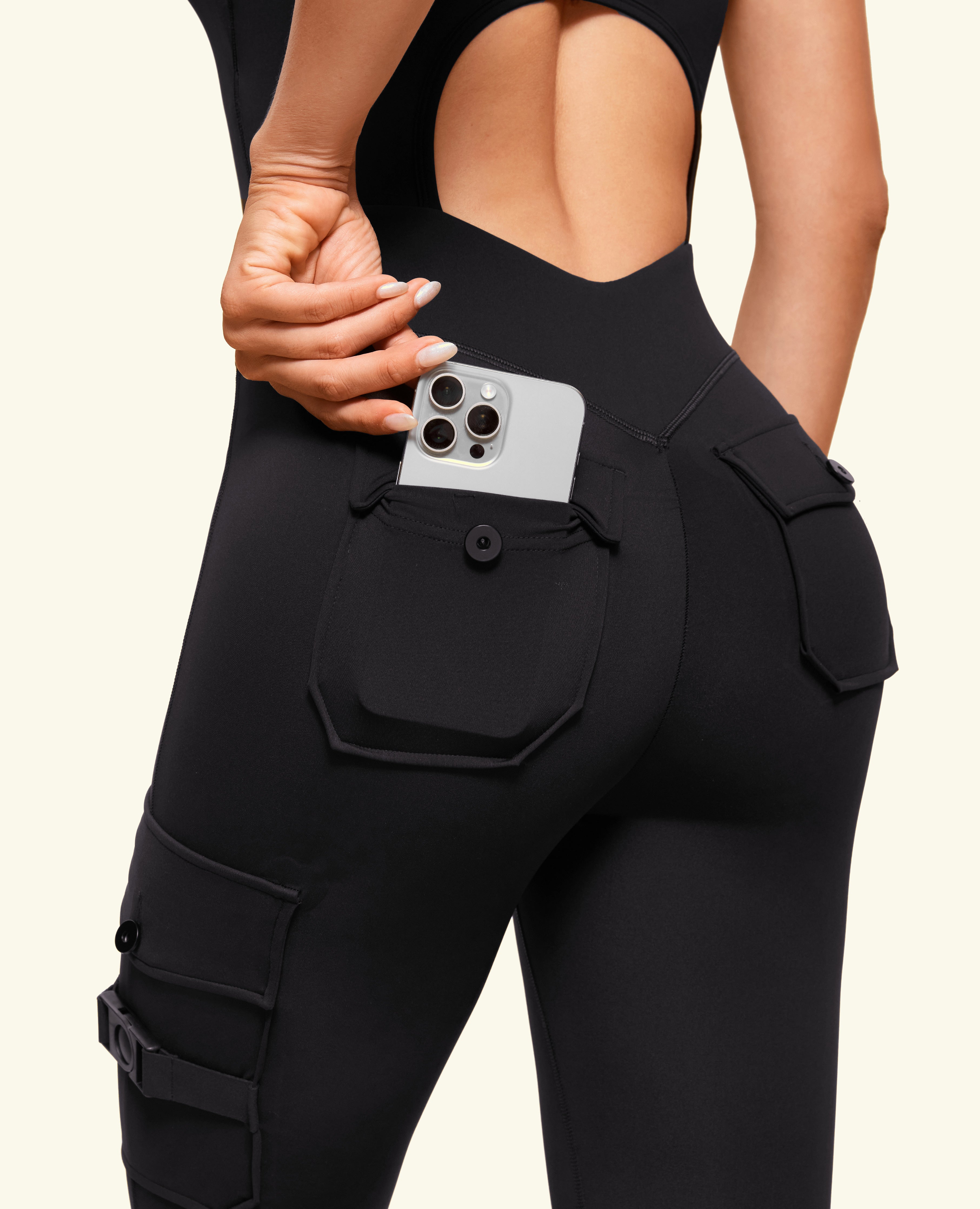 One Shoulder Pocket Long Bodysuit  - Black