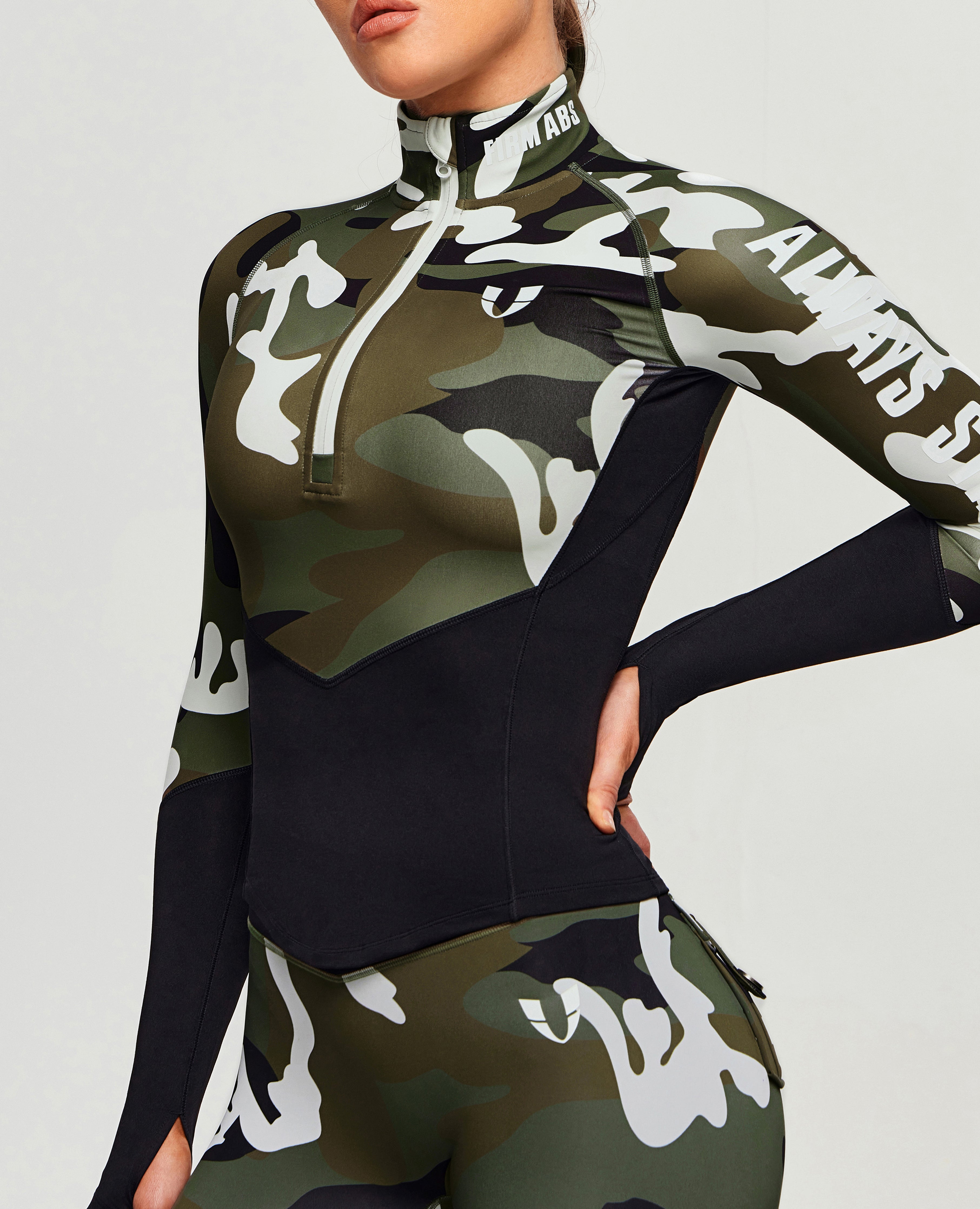 Half Zip Long Sleeve Top - White Green Camo