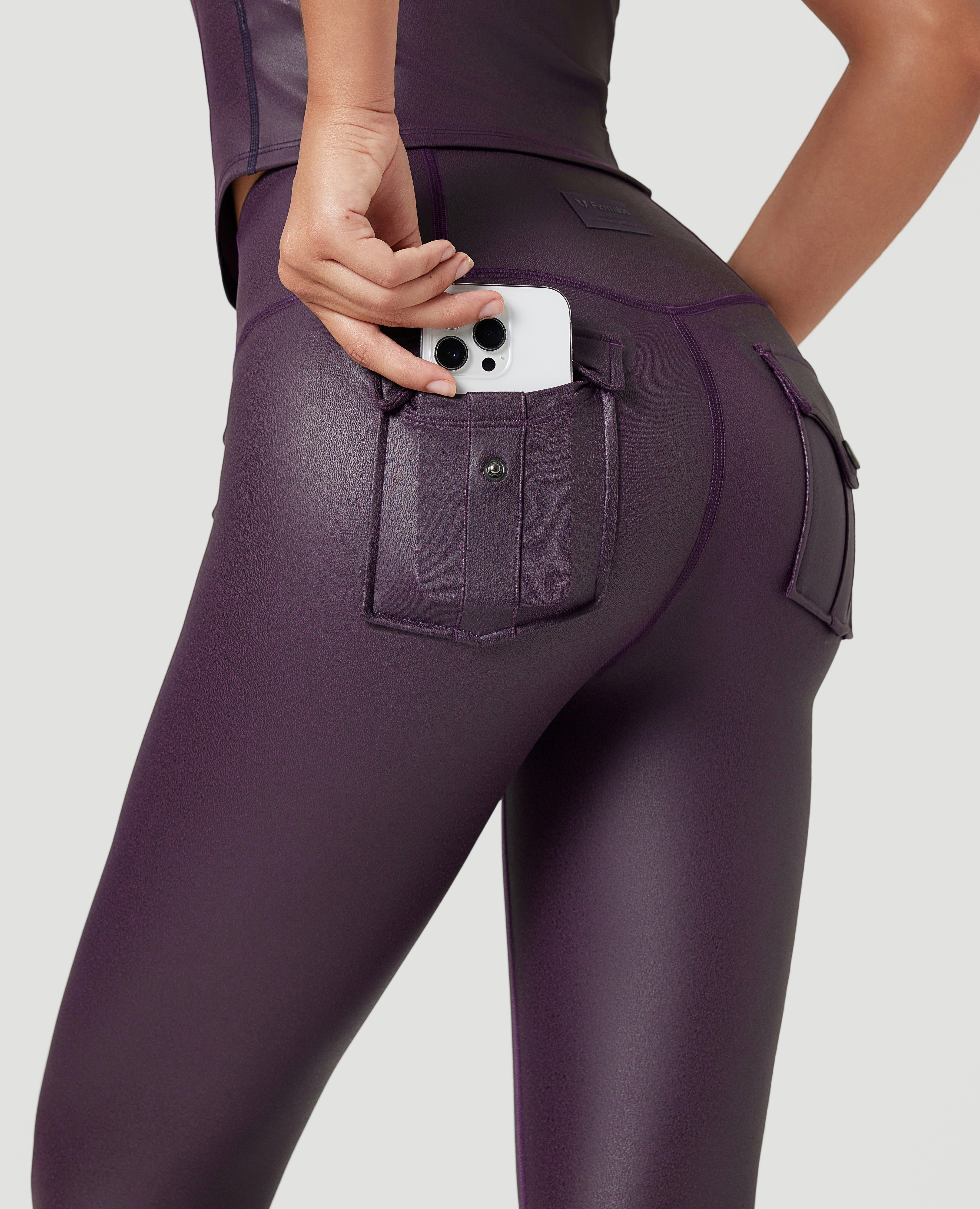 Breathable & Sculpting Faux Leather Pocket Leggings - Purple