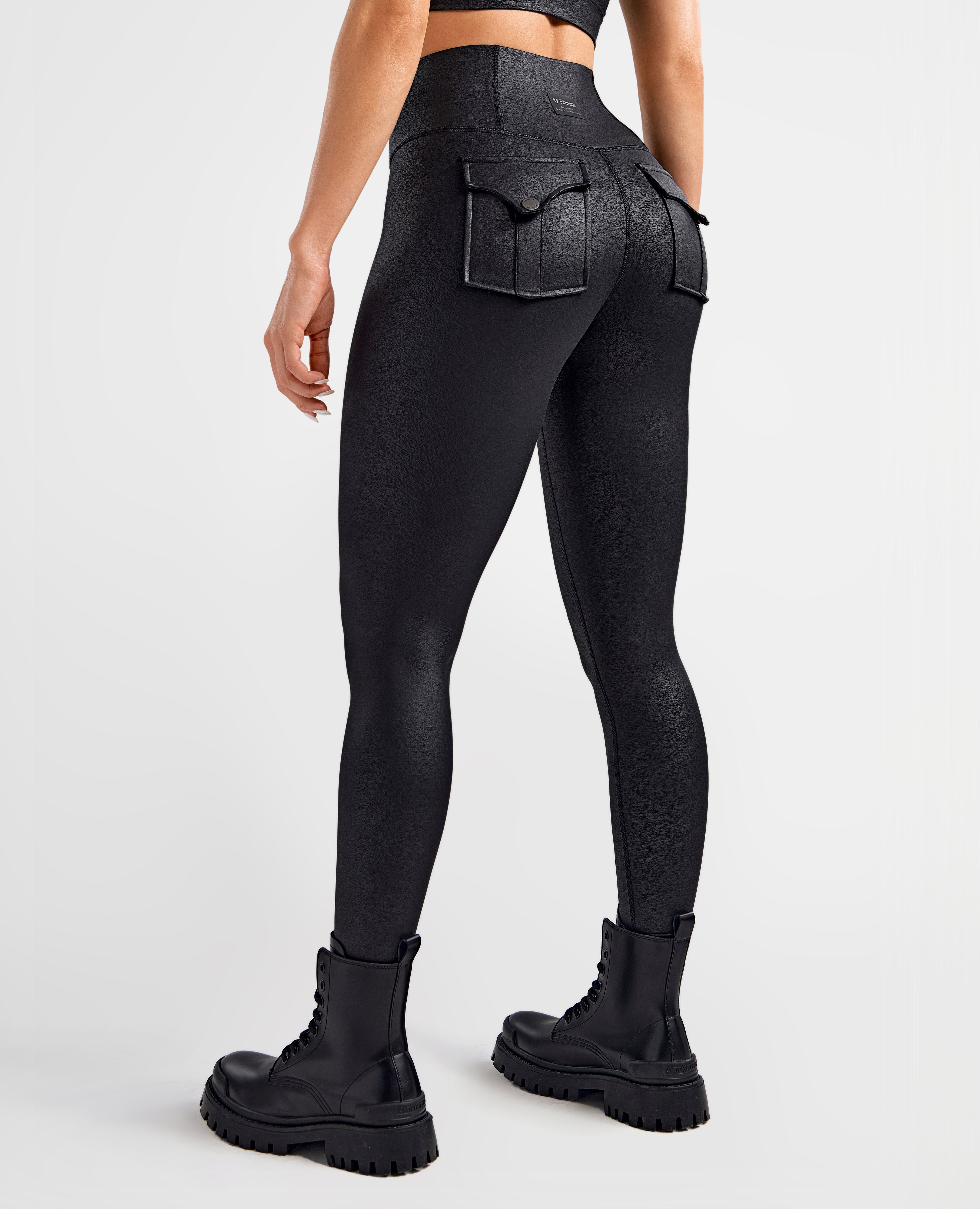 Breathable & Sculpting Faux Leather Pocket Leggings - Black