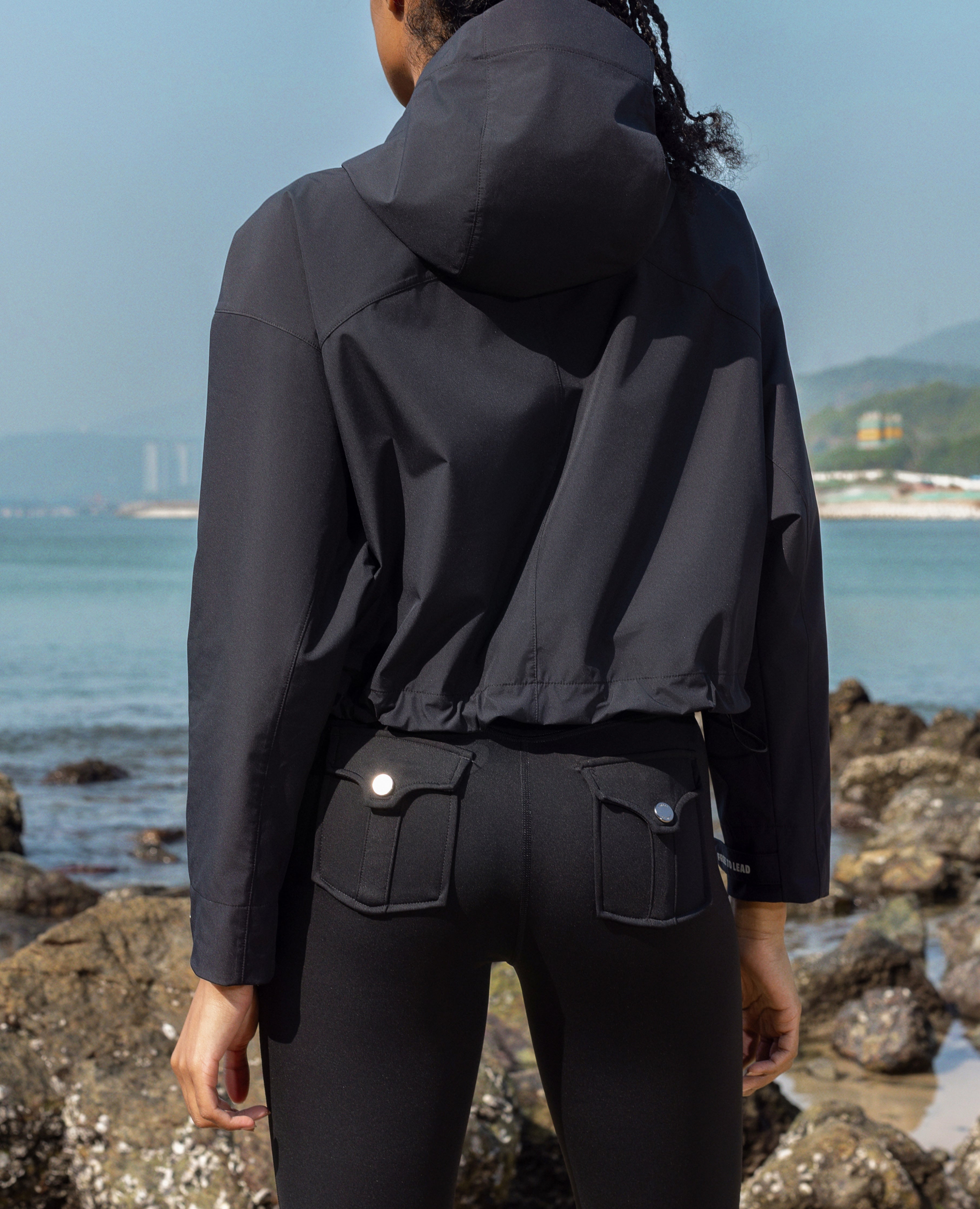 Loose Fit Workout Zip Drawstring Hoodie Jacket - Black