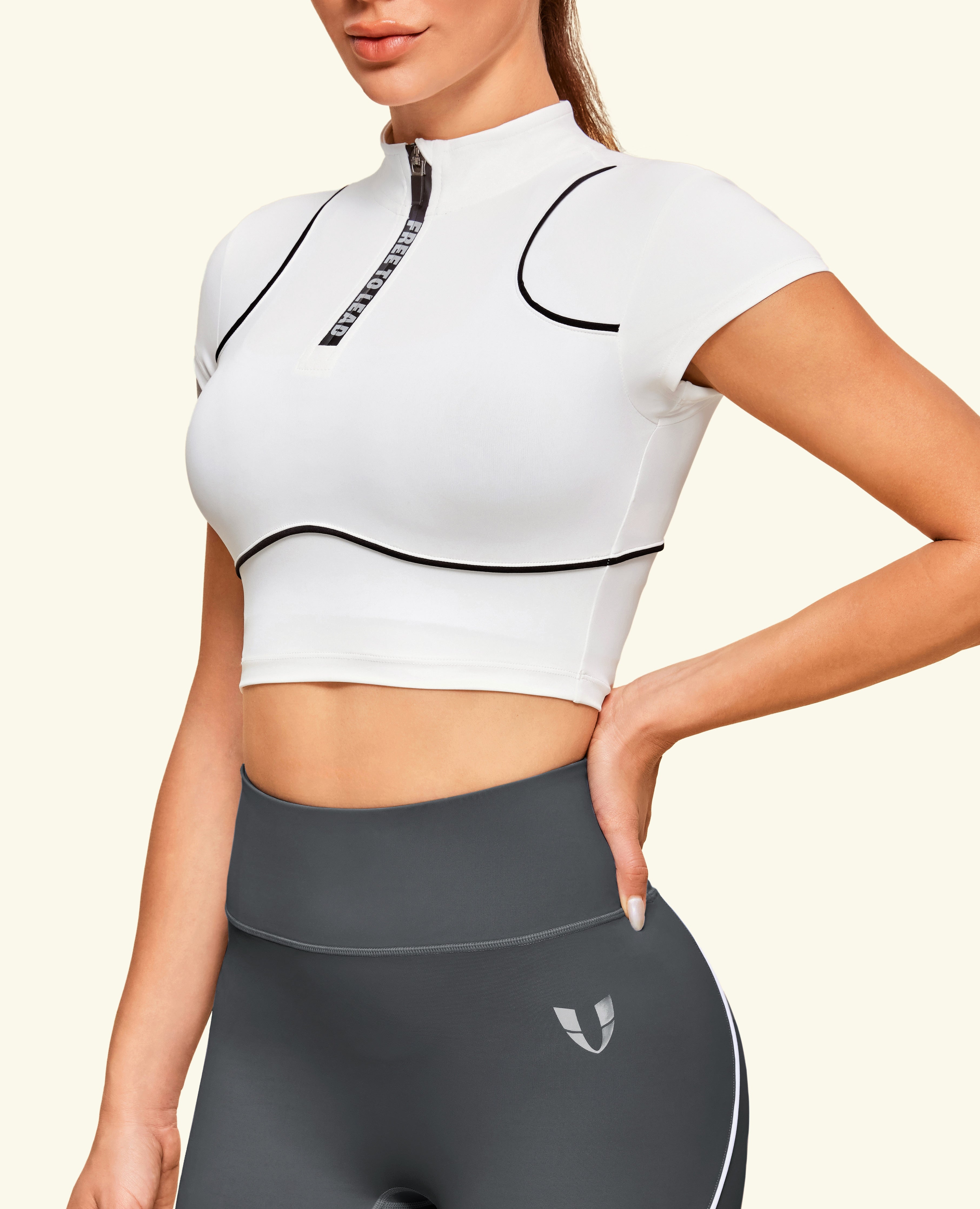 Half Zip Cropped Workout Top - White
