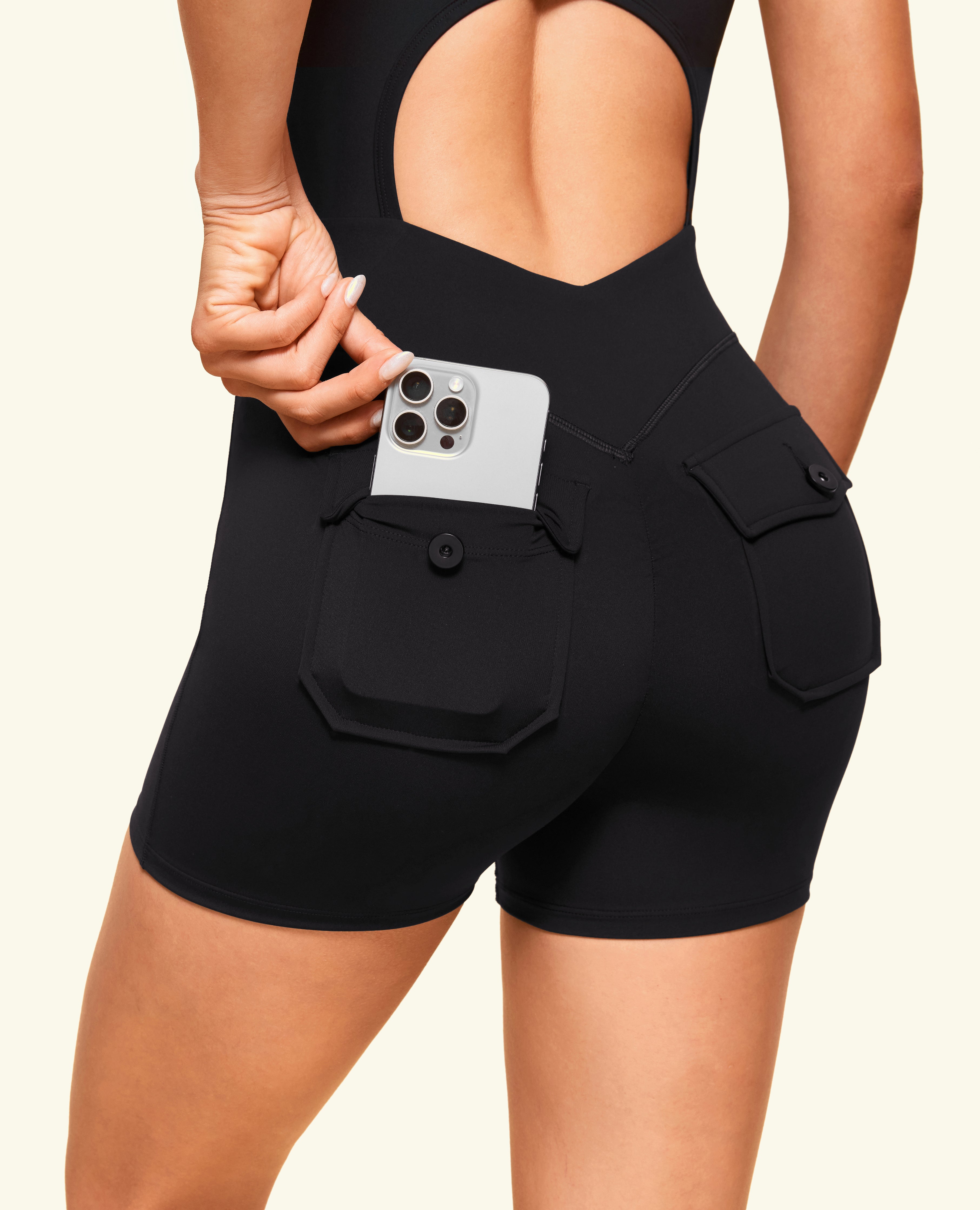 One Shoulder Pocket Bodysuit Short - Black