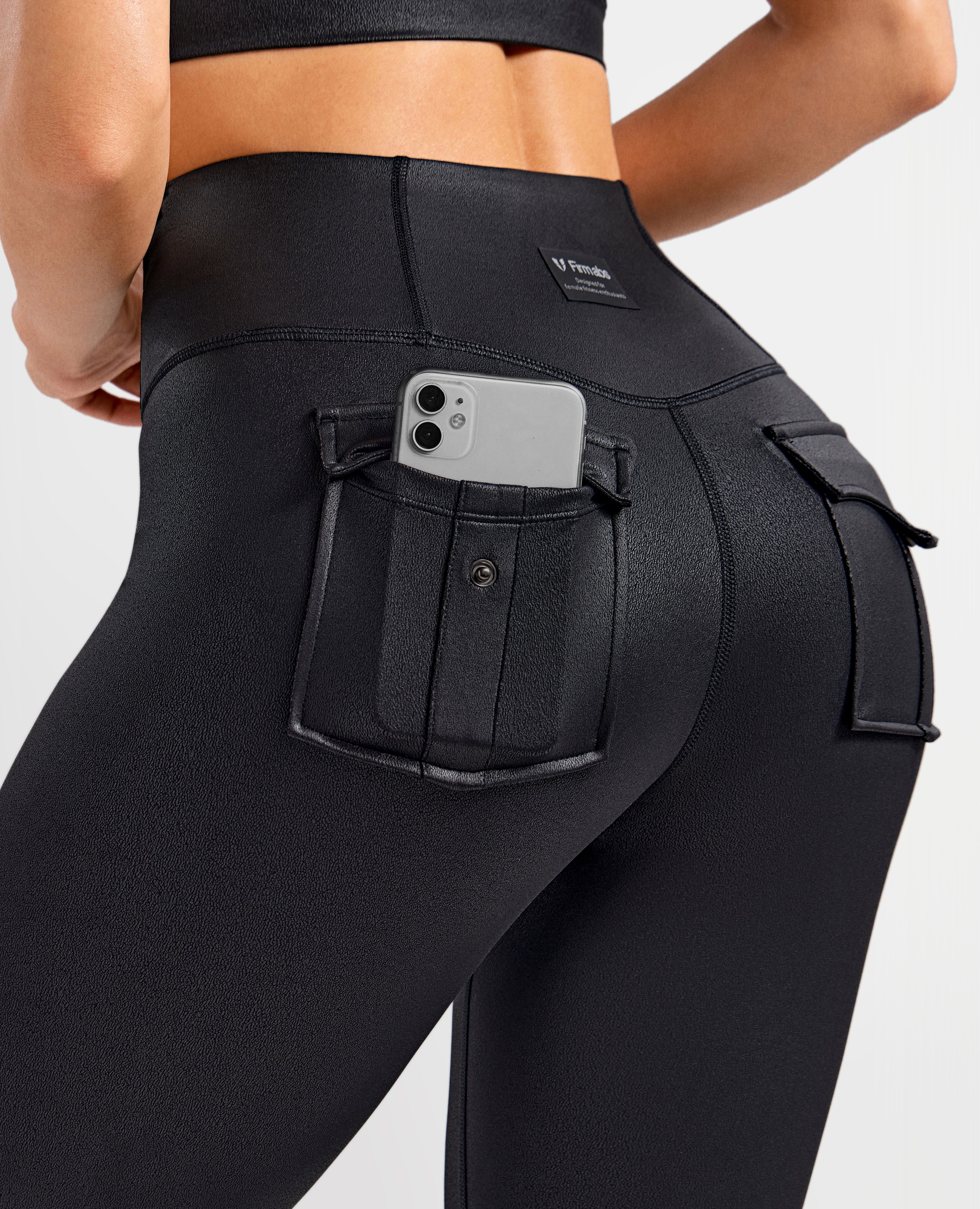 Breathable & Sculpting Faux Leather Pocket Leggings - Black
