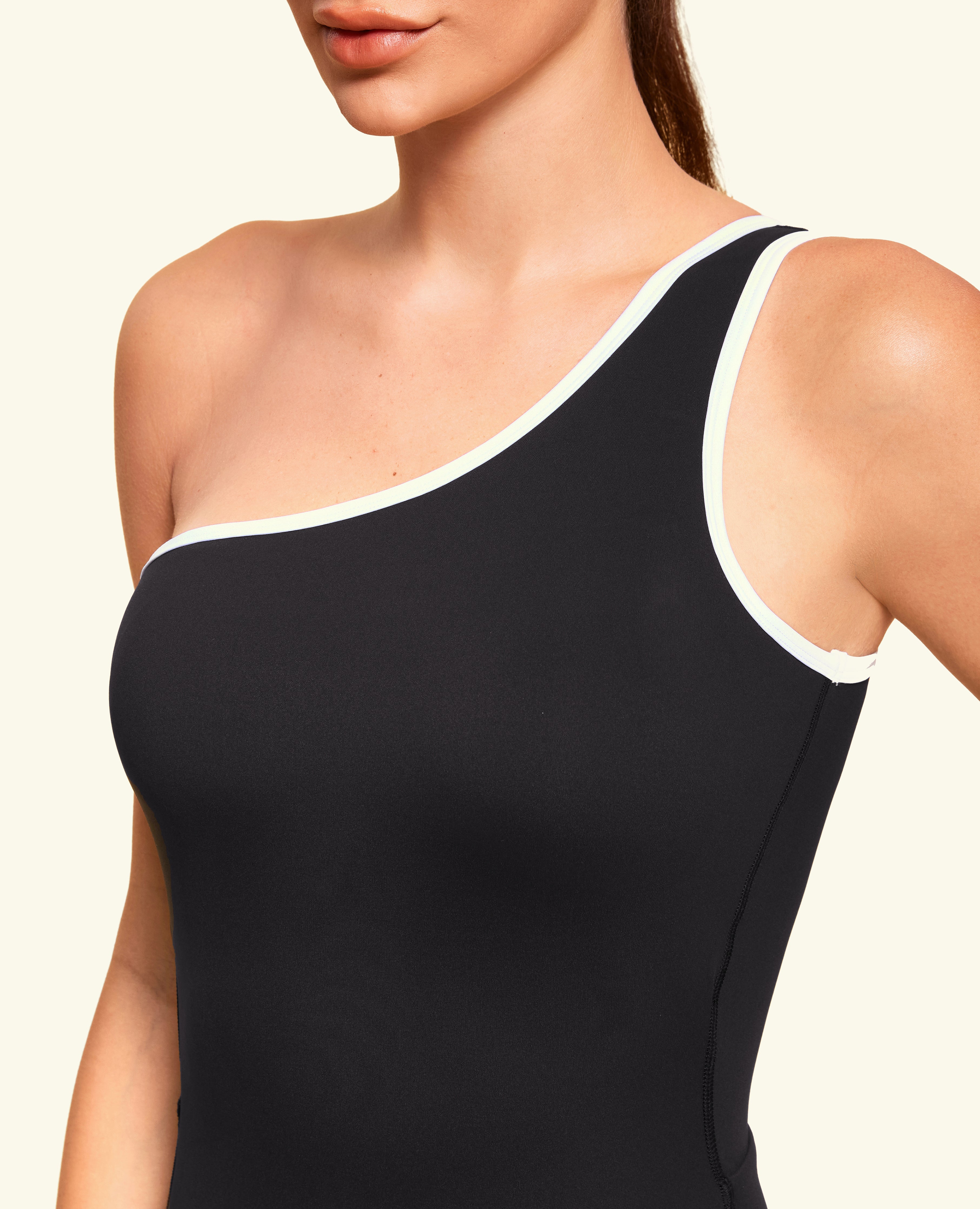 One Shoulder Pocket Long Bodysuit  - Black