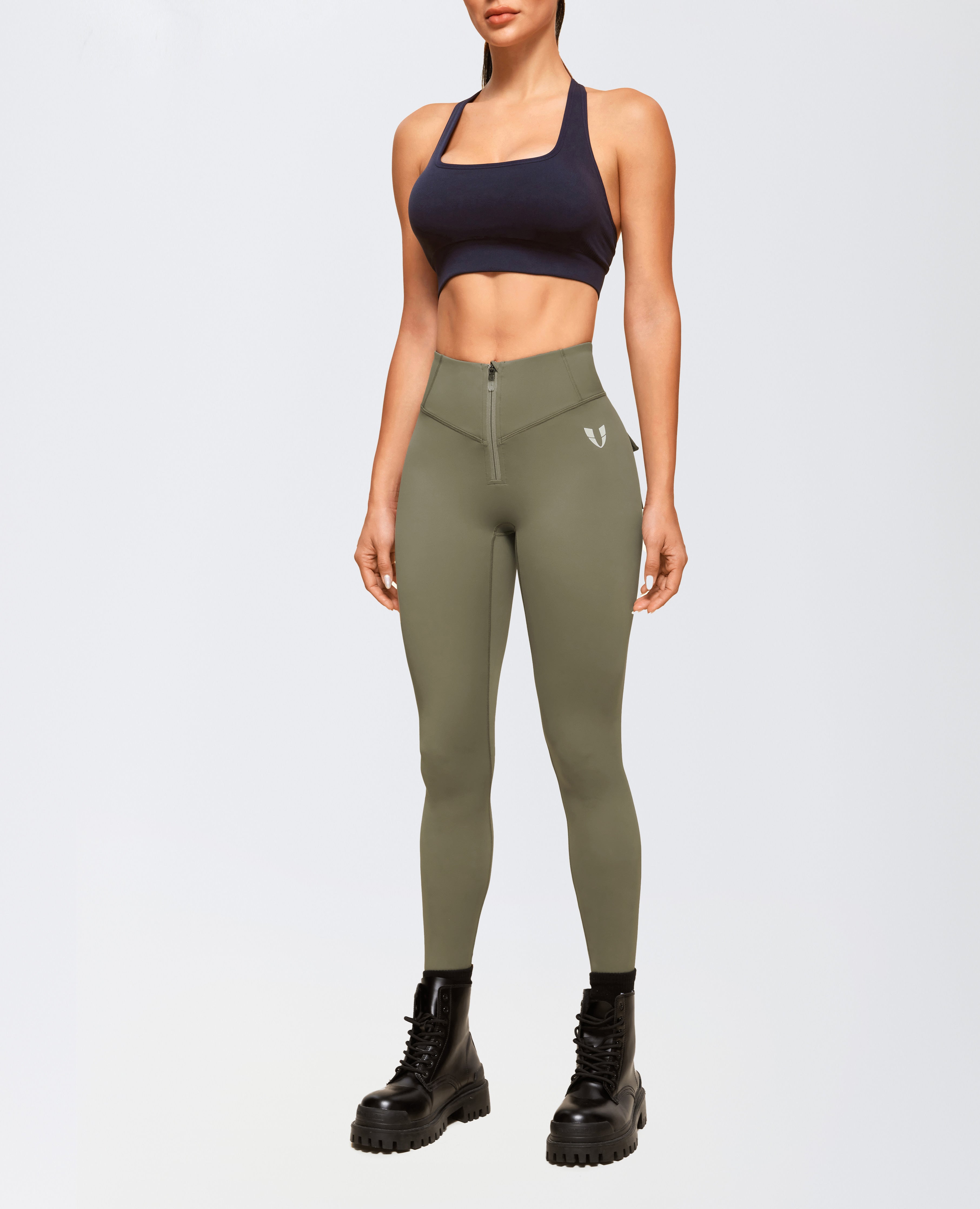 Zip Front Pocket Powerful leggings - Army Green