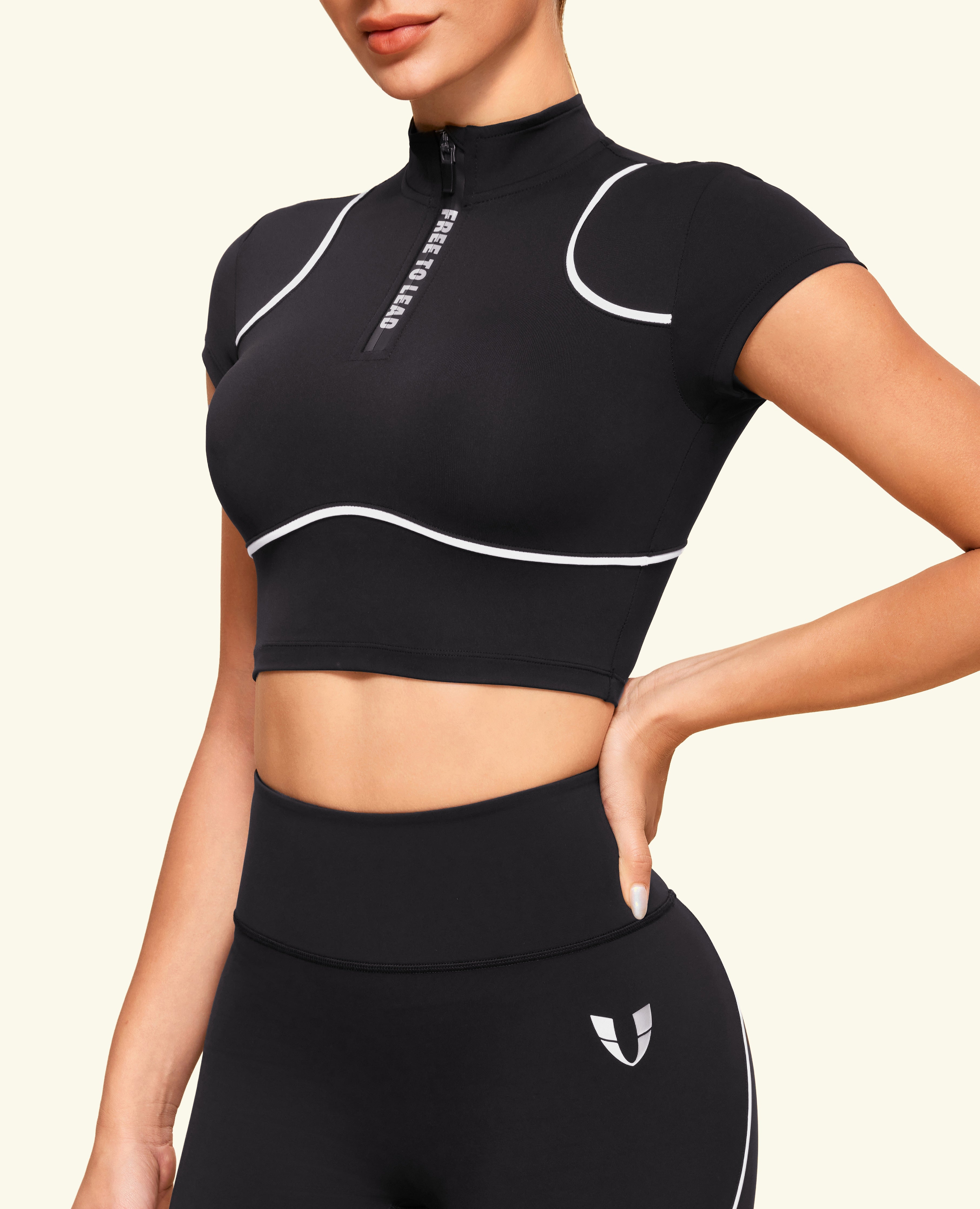 Half Zip Cropped Workout Top - Black