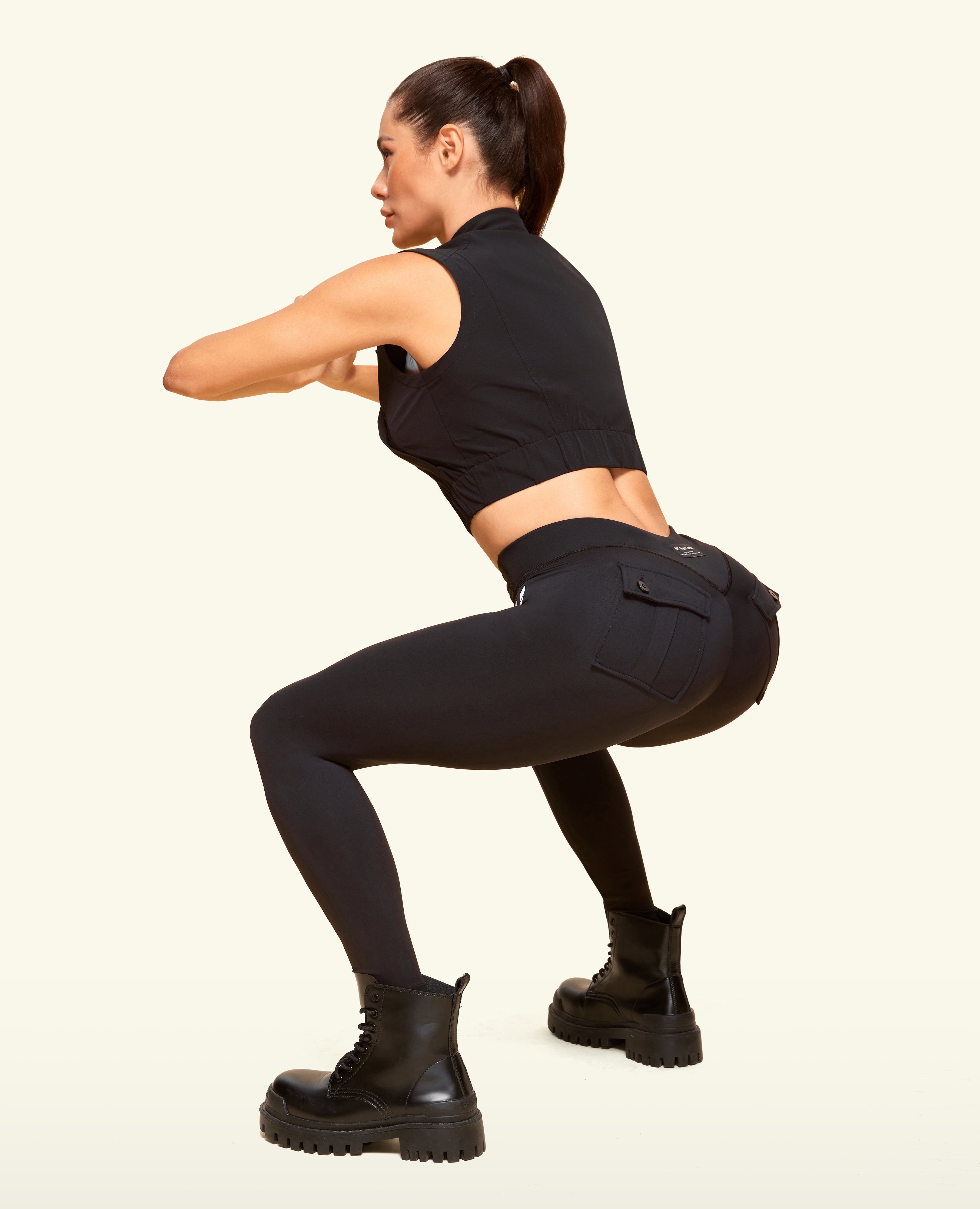 Pocchi anteriore con zip potenti leggings - nero