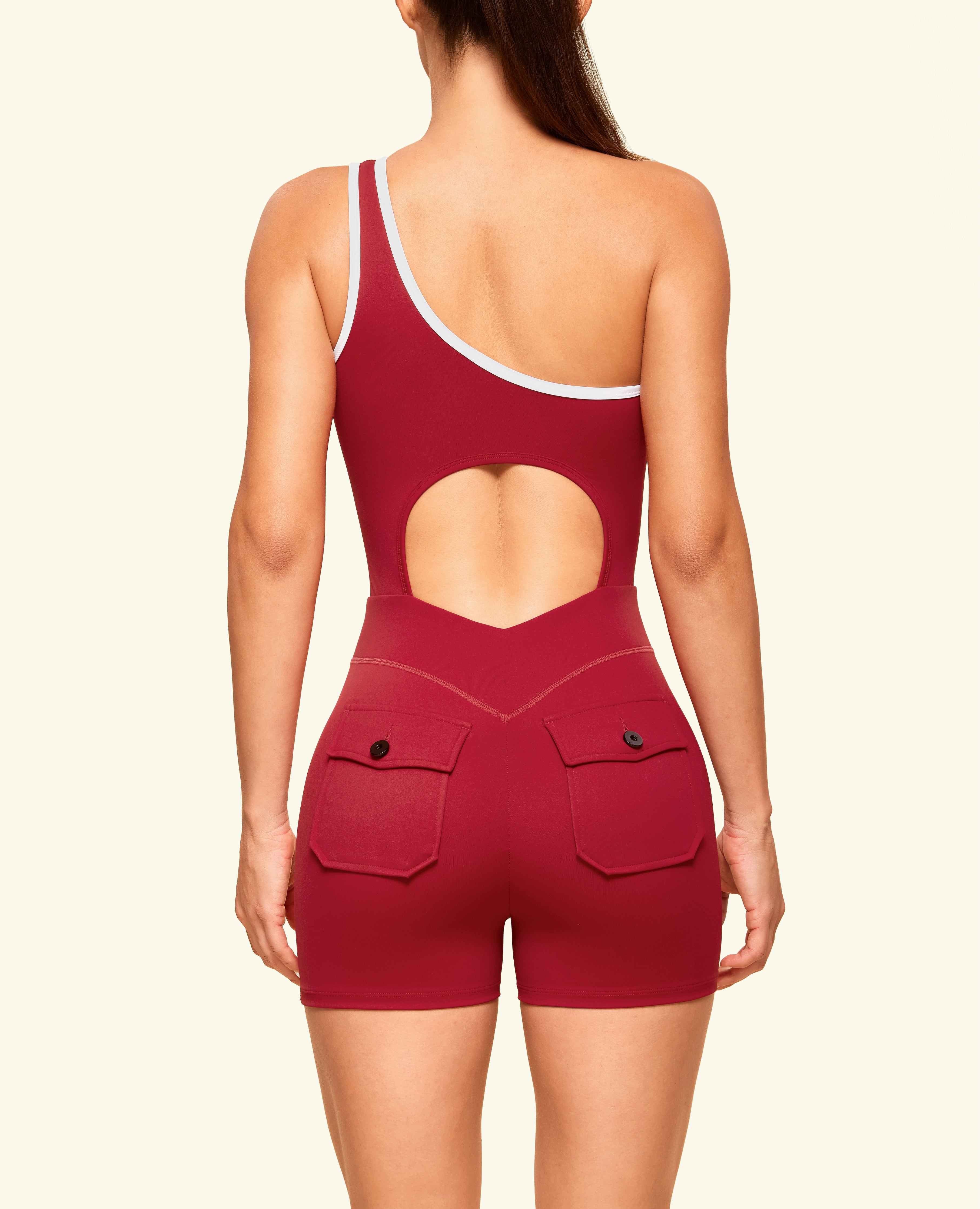 One Shoulder Pocket Bodysuit Short - Red Cranberry