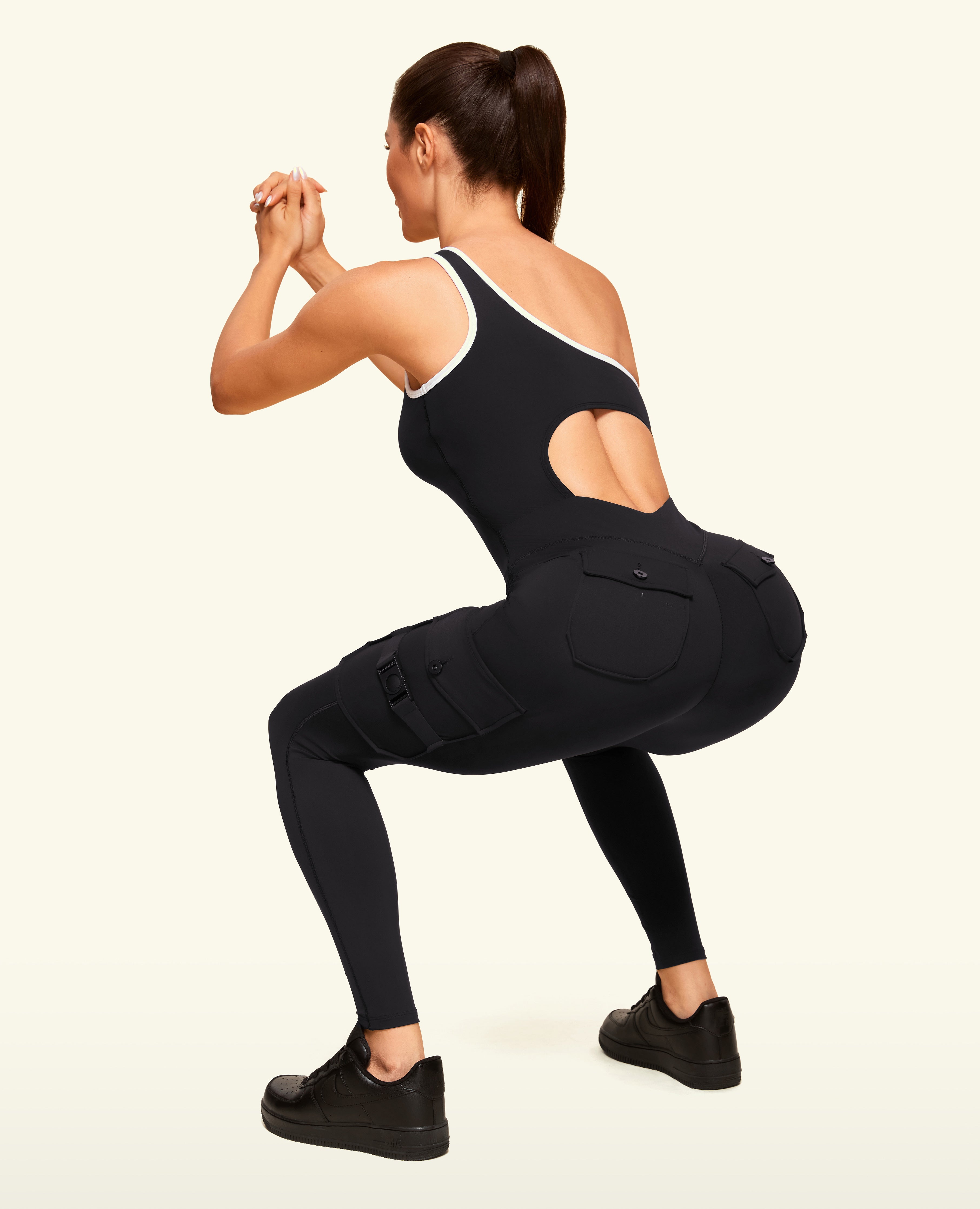 One Shoulder Pocket Long Bodysuit  - Black