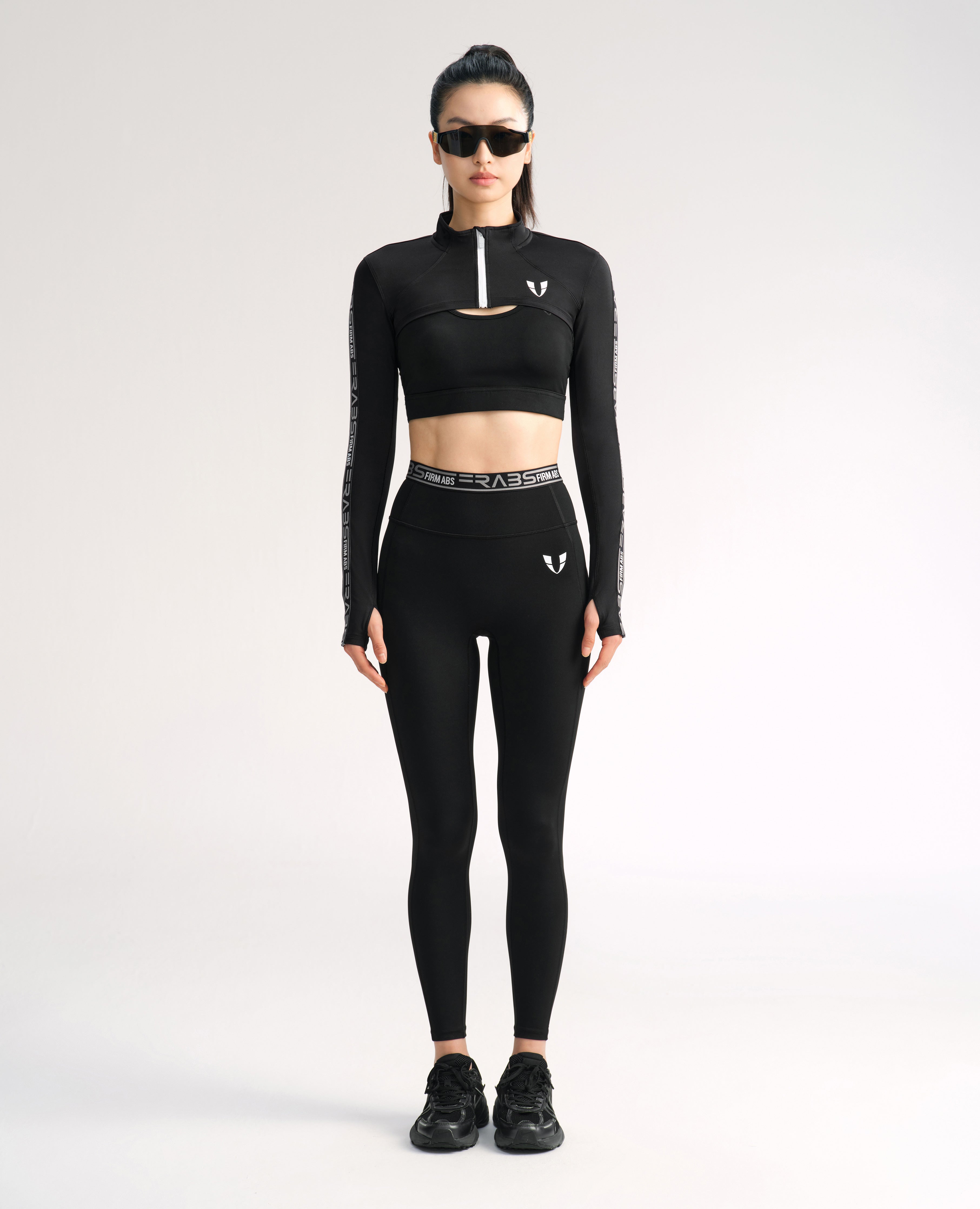 Ultra Cropped Long Sleeve Zip Up Top - Black