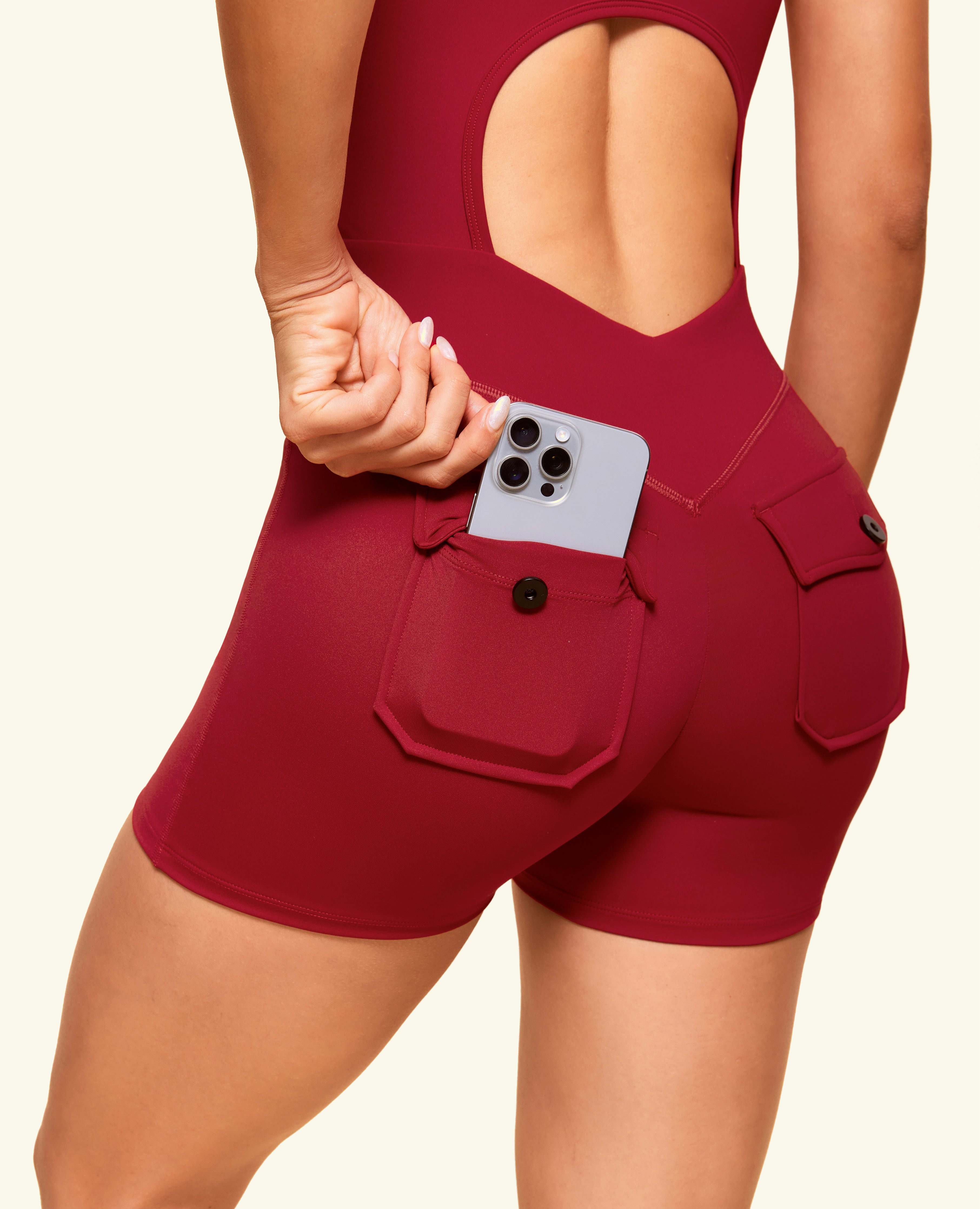 One Shoulder Pocket Bodysuit Short  - Red Cranberry