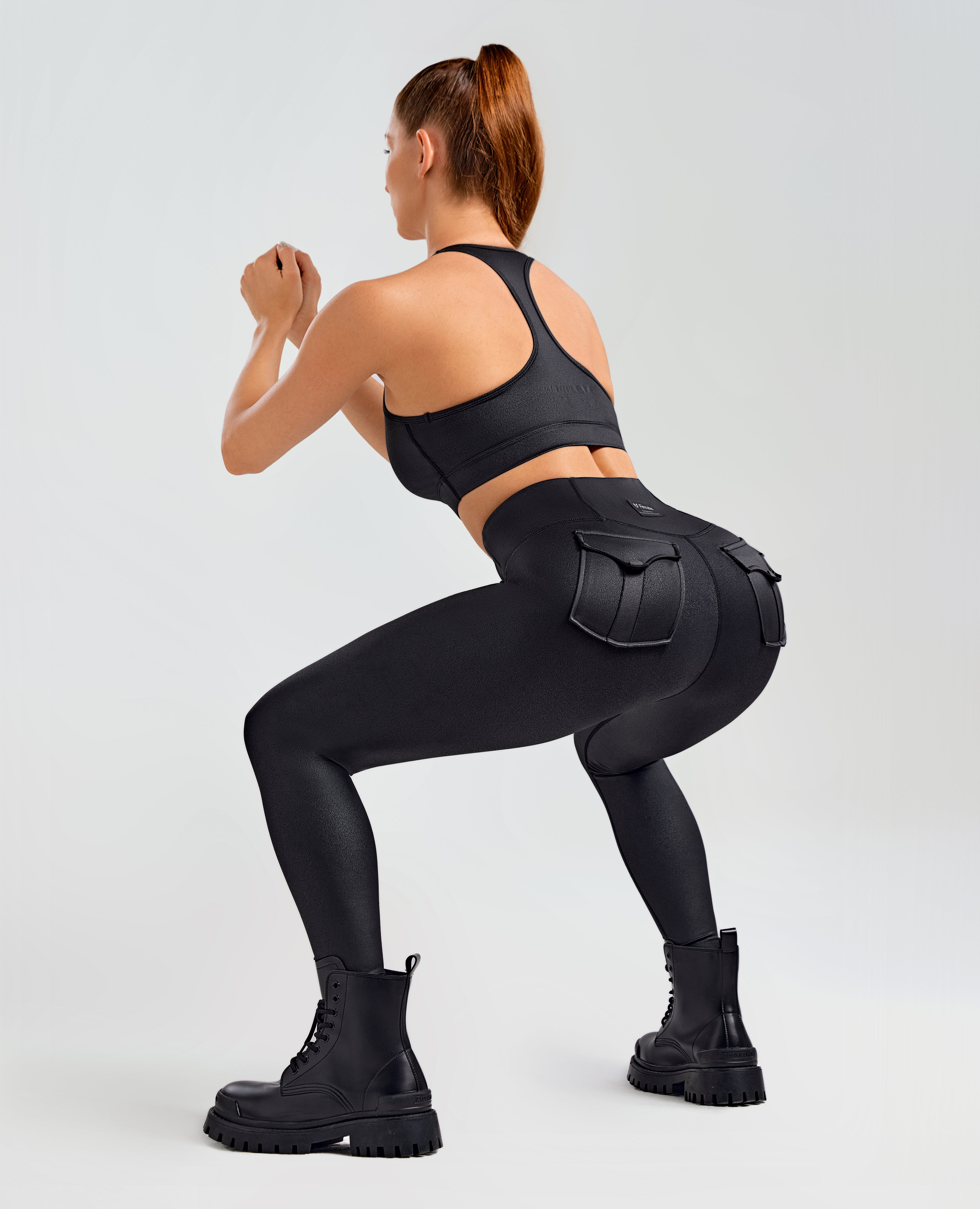 Breathable & Sculpting Faux Leather Pocket Leggings - Black