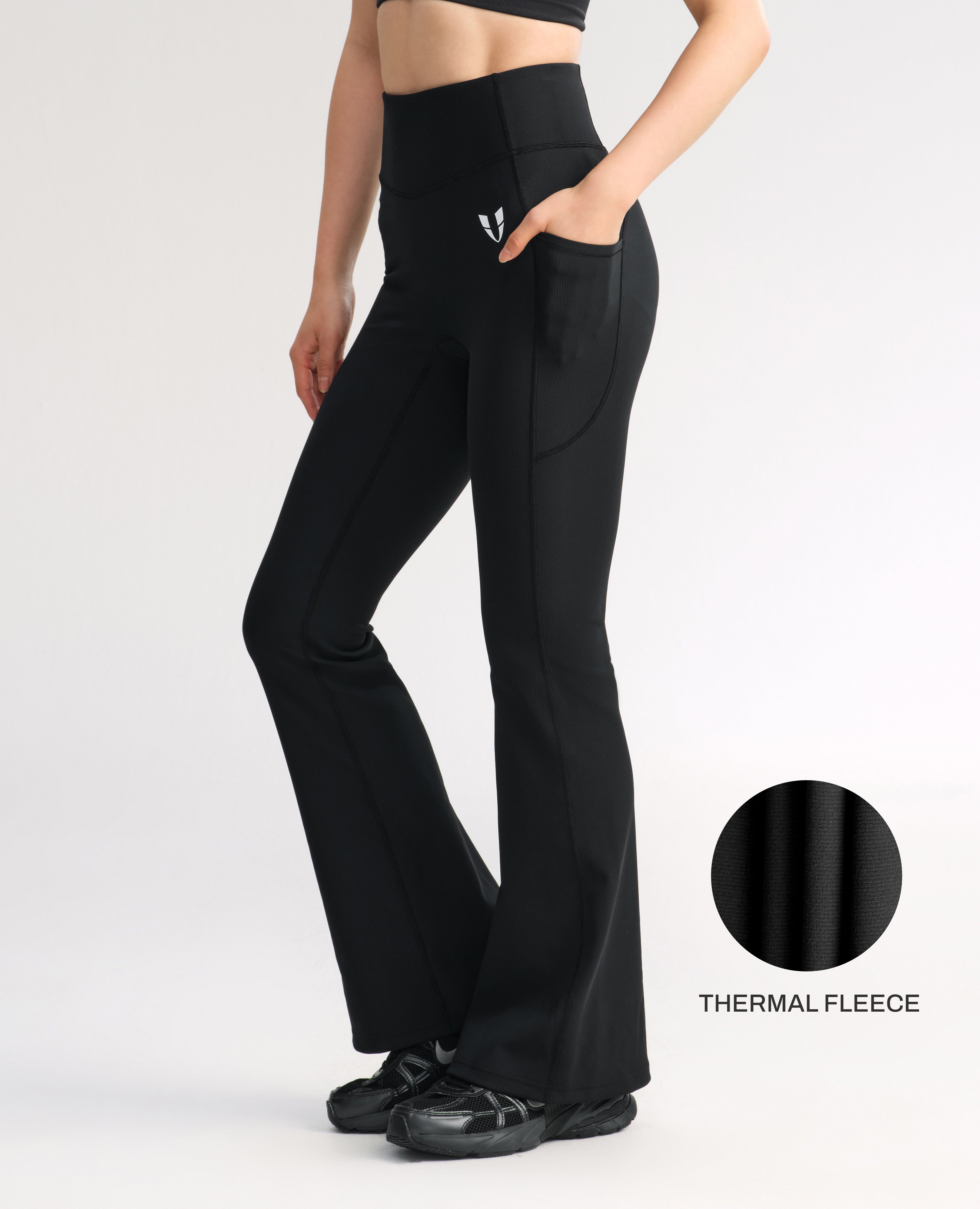 High Waisted Fleece Lined Flare Leggings - Black