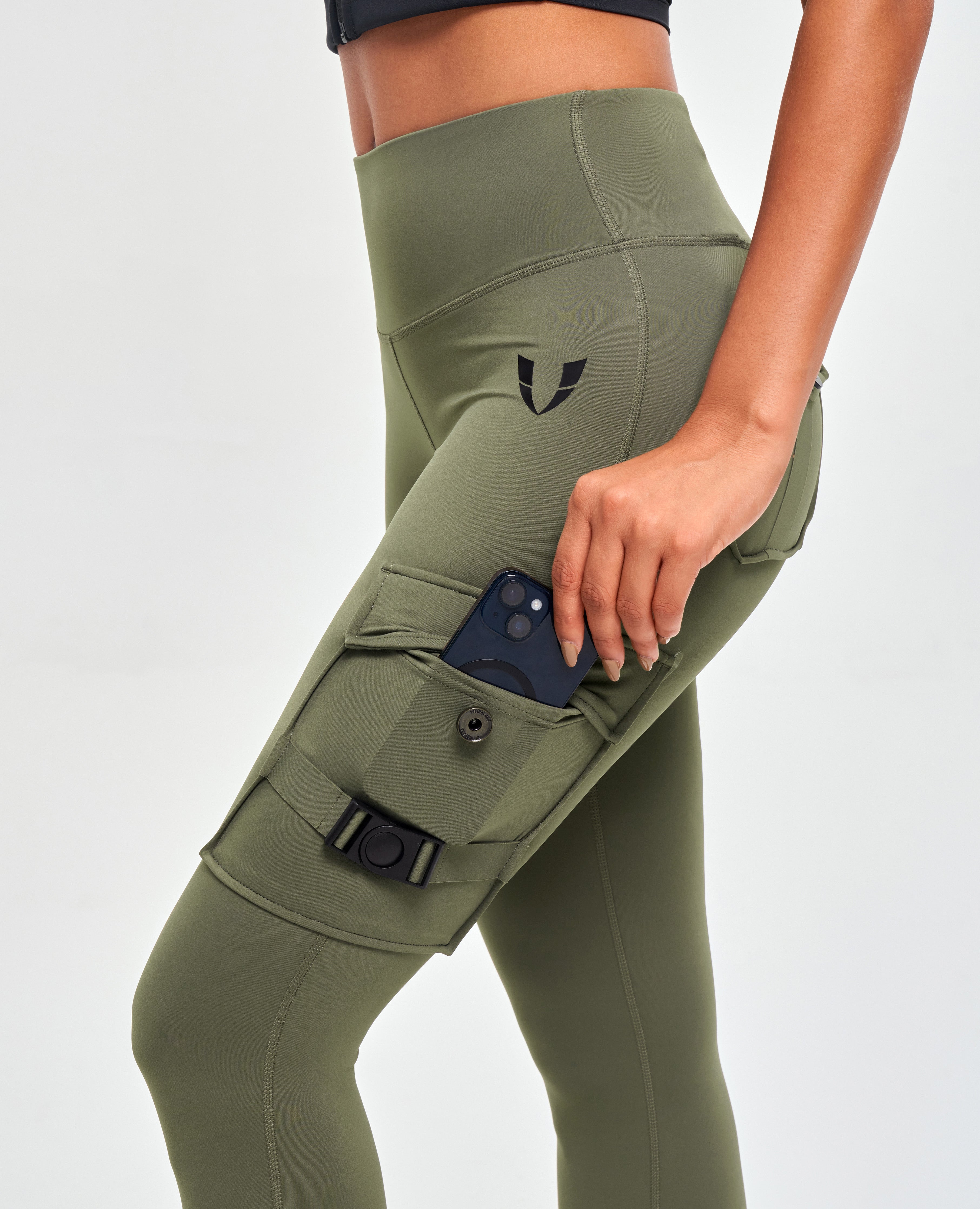 FIRM ABS olive green pocket leggings for fitness with high waist and side phone pocket