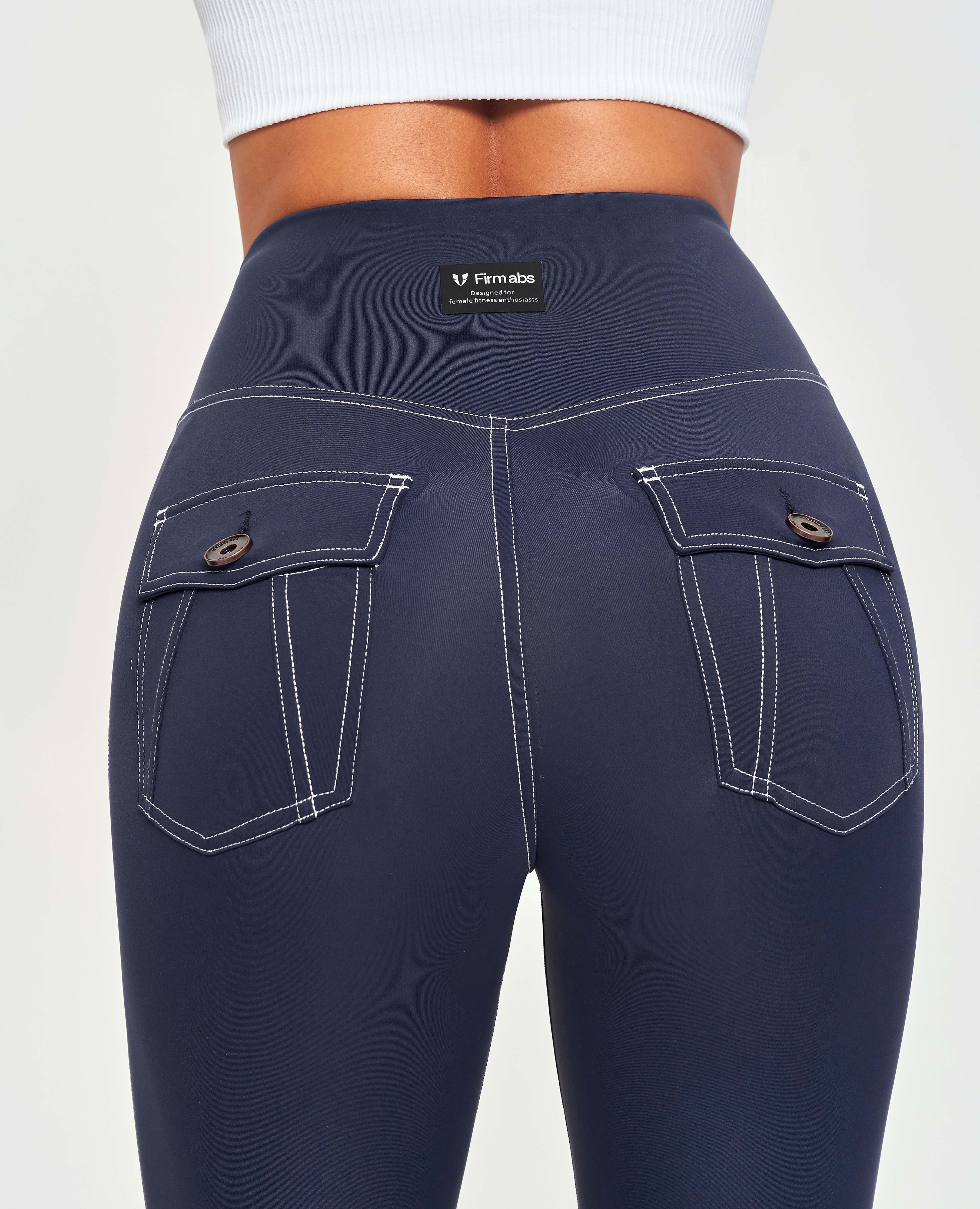 Contrast Stitching High-Waisted Leggings - Navy Blue