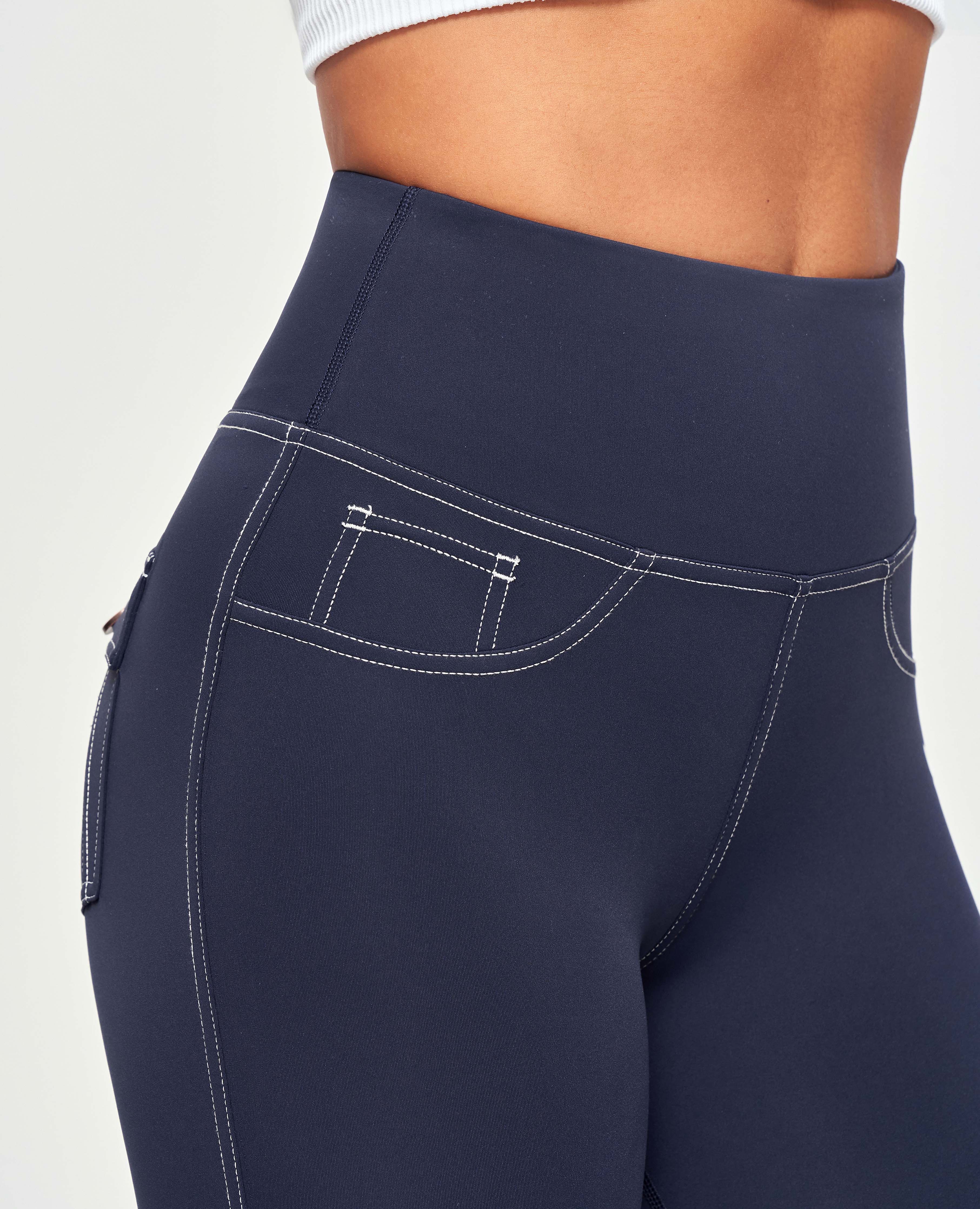 Contrast Stitching High-Waisted Leggings - Navy Blue