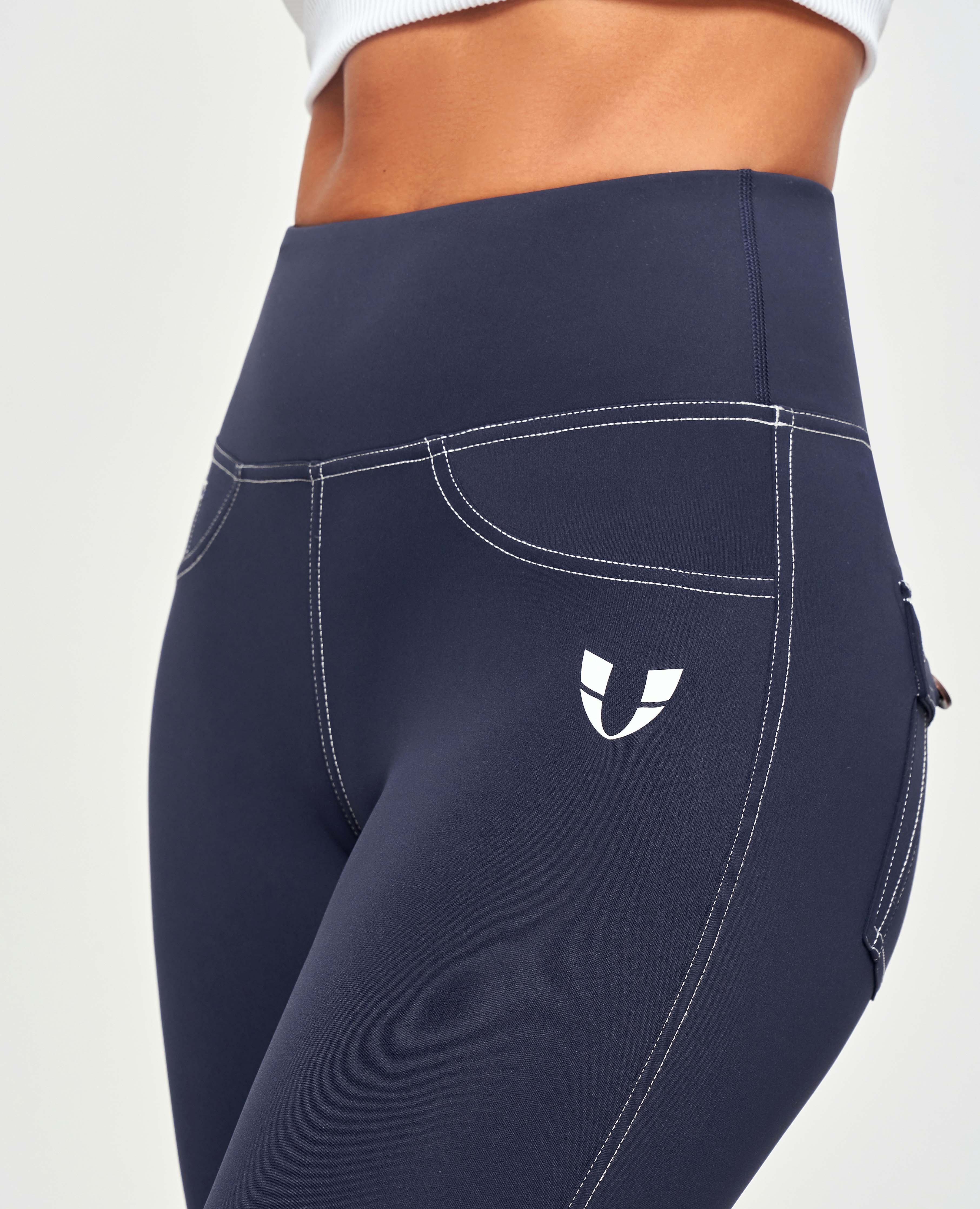 Contrast Stitching High-Waisted Leggings - Navy Blue