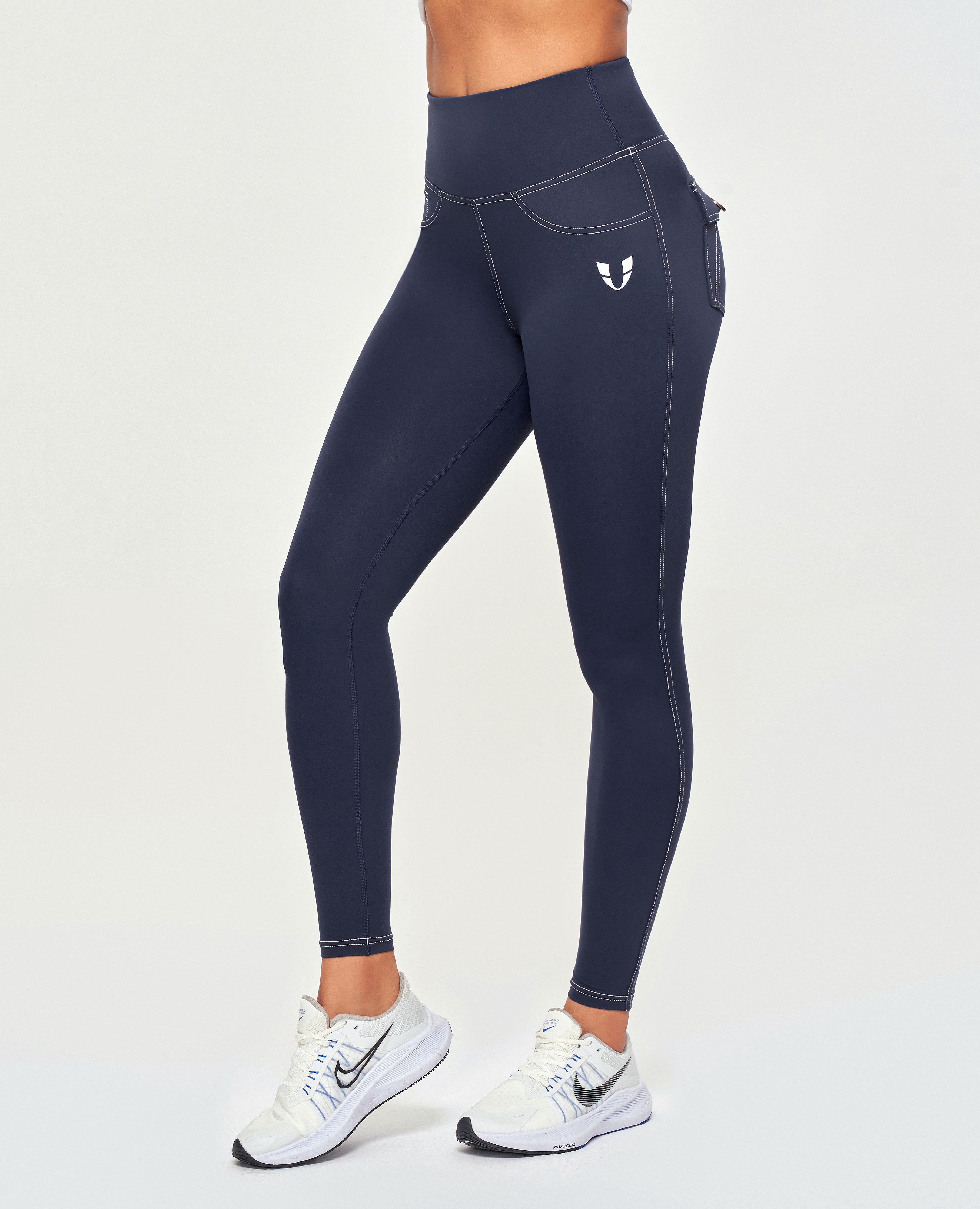 Contrast Stitching High-Waisted Leggings - Navy Blue