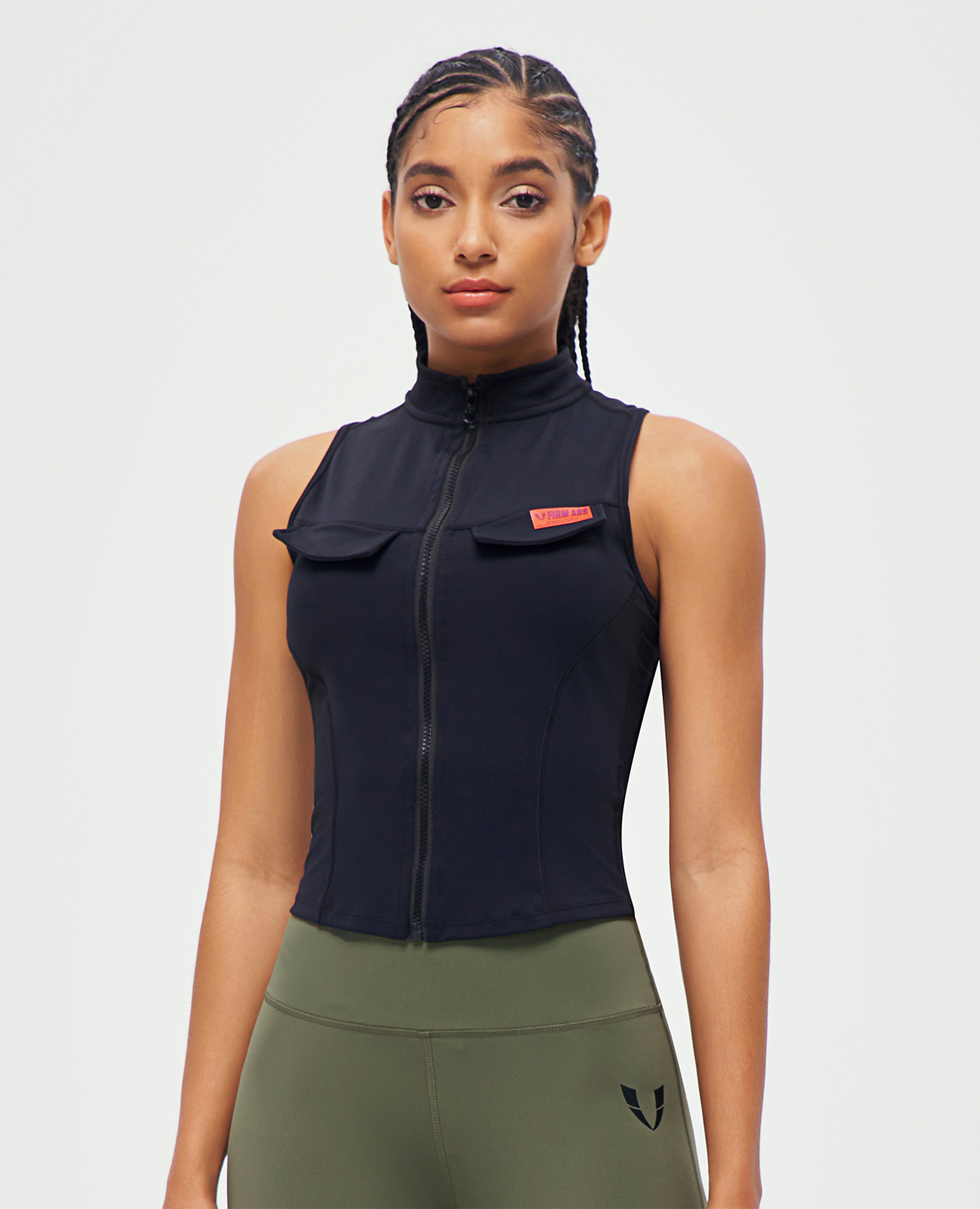 FIRM ABS black sleeveless zip-up tank top stylish workout top for women with high collar and pocket flaps