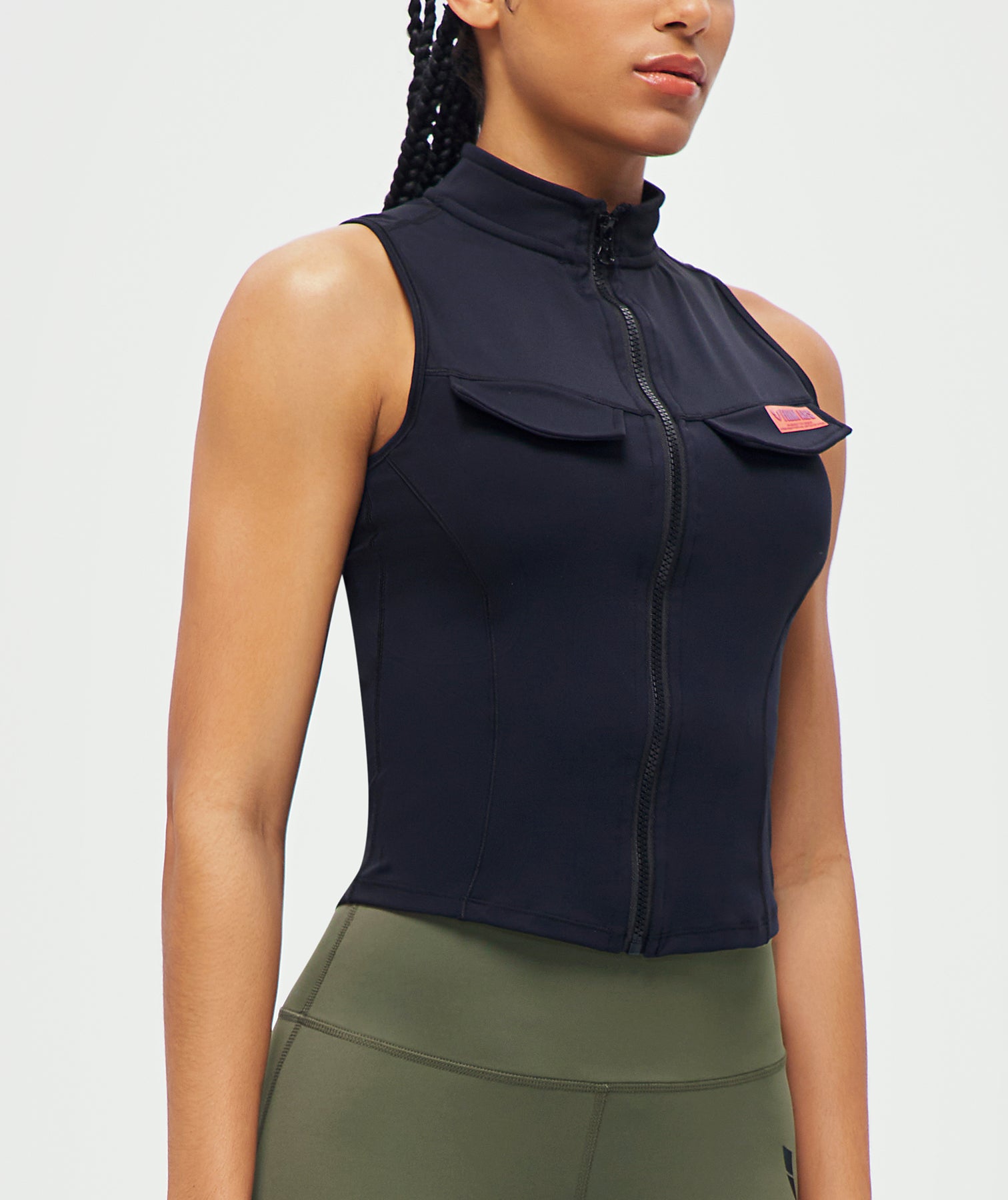FIRM ABS black sleeveless tank top with front zipper, stylish workout top for women