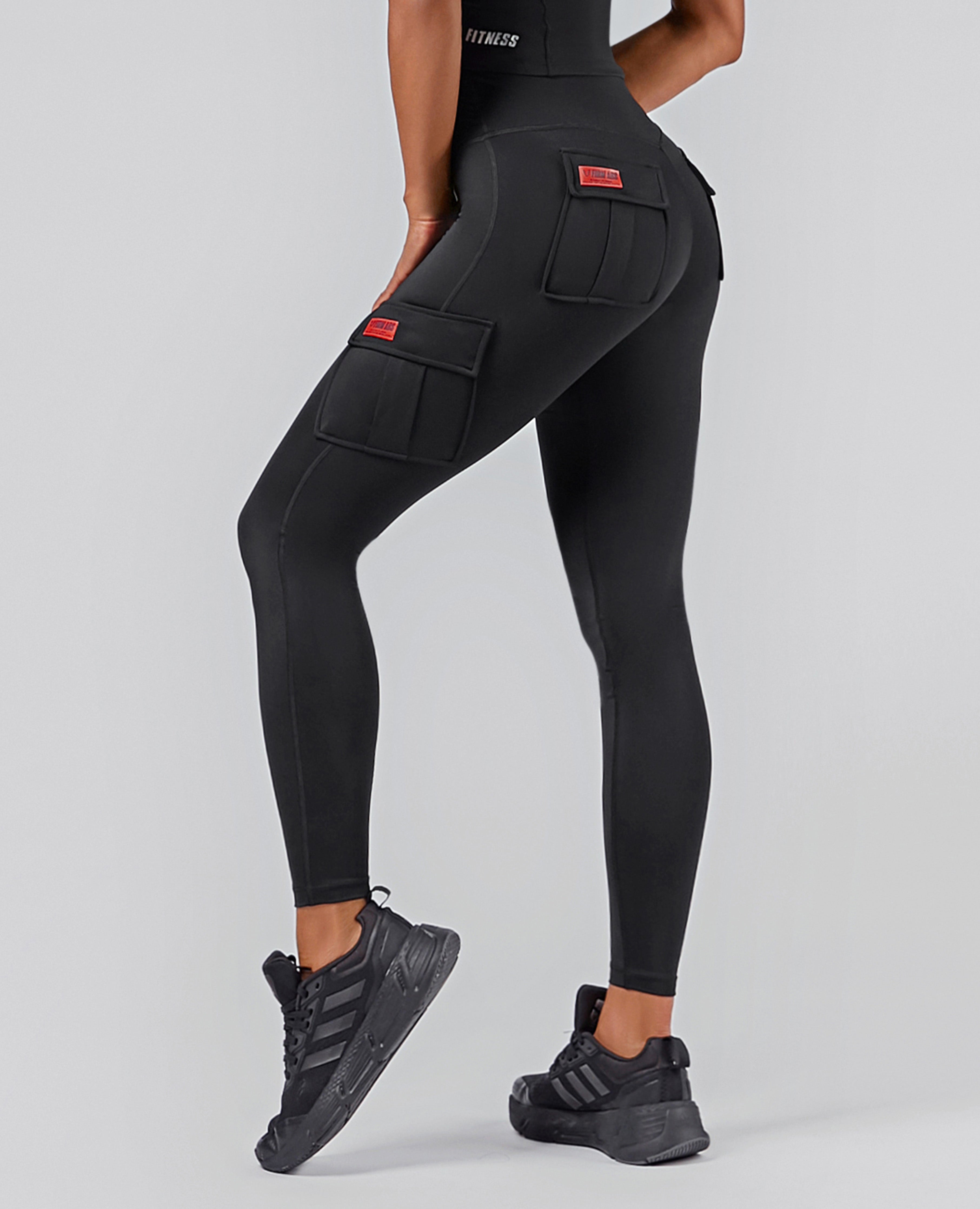 FIRM ABS black high-waisted cargo leggings with side and back pockets for a stylish fit