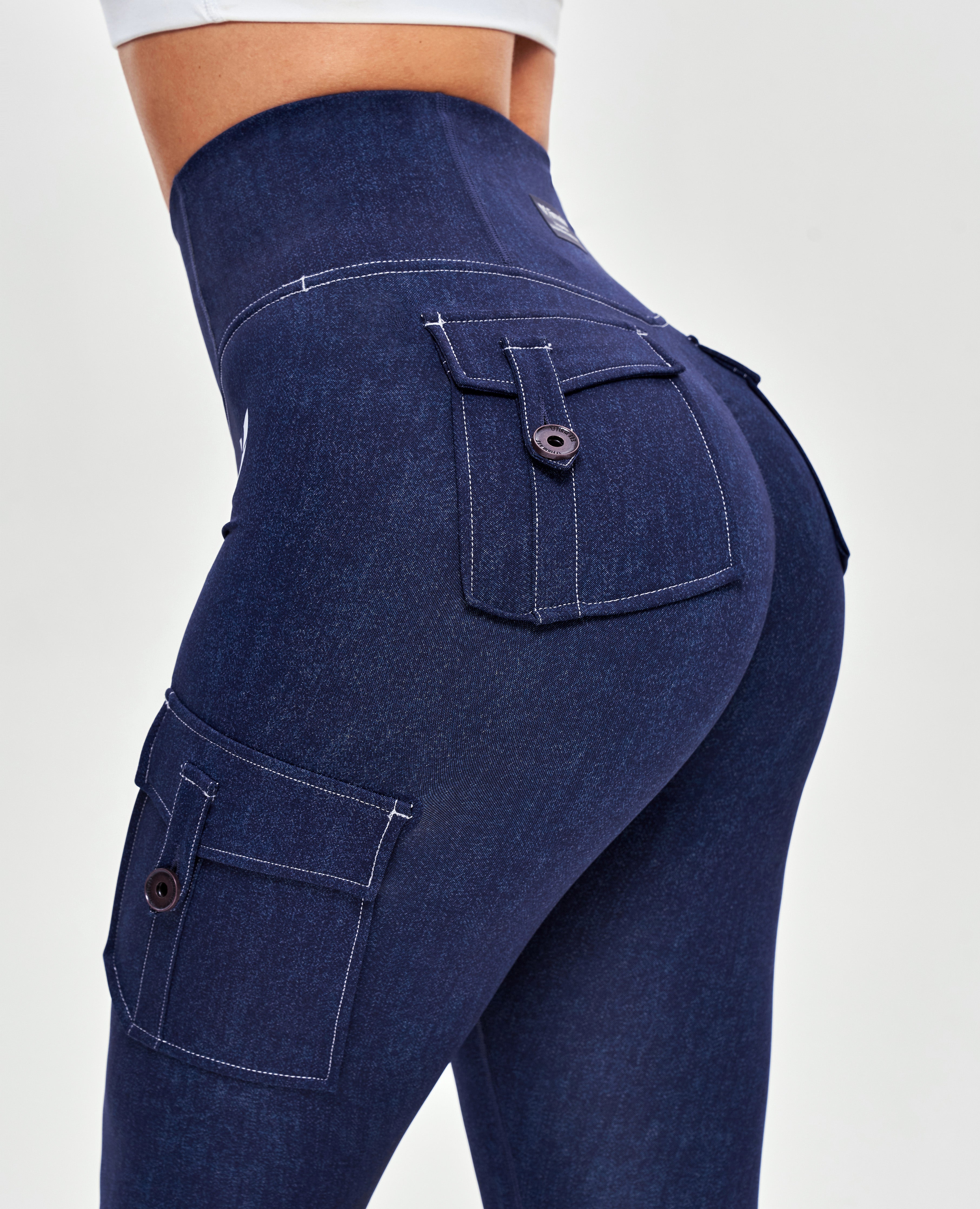 High Waisted Cargo Leggings - Denim Blue