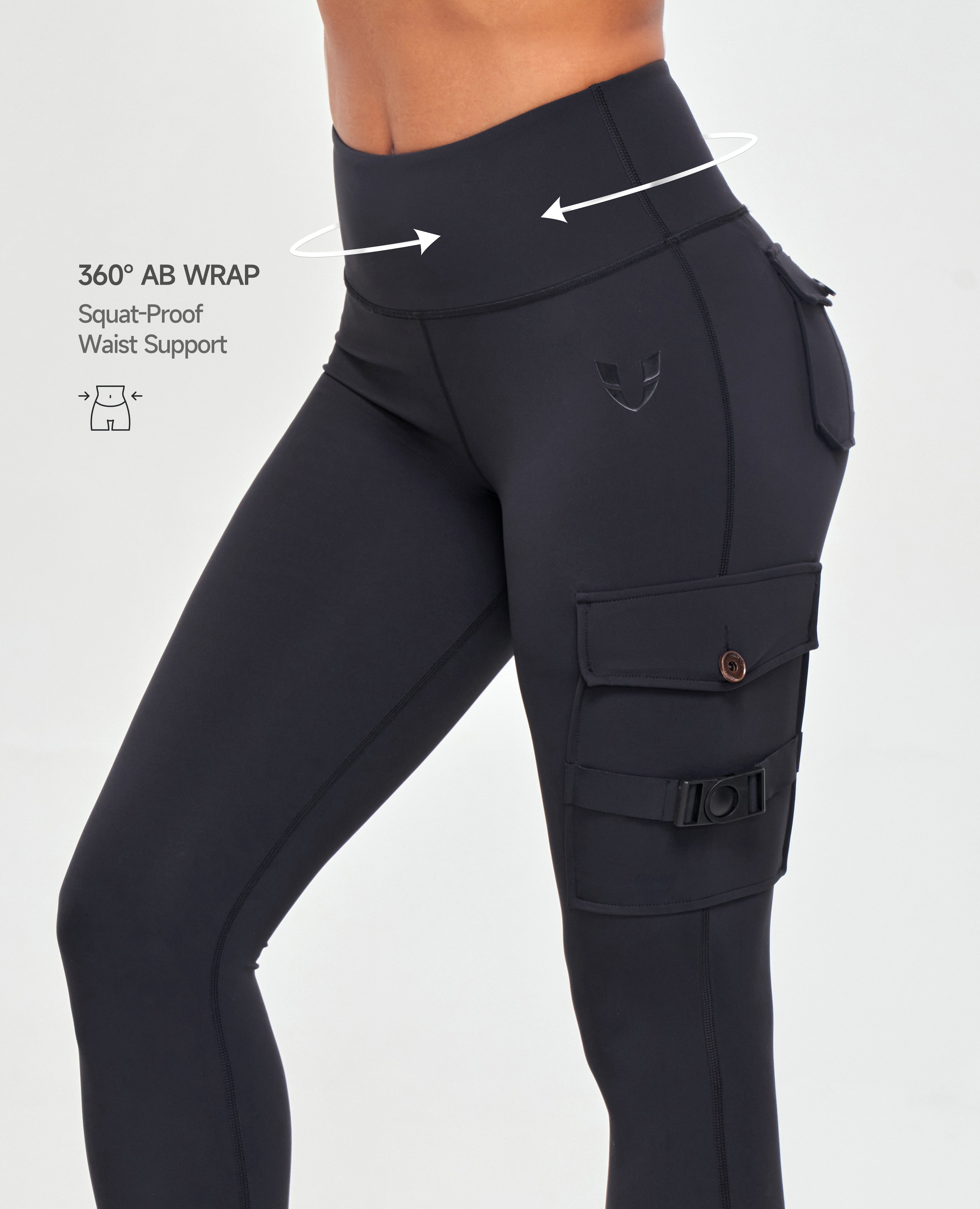 FIRM ABS high-waisted cargo leggings in black with 360 ab wrap and cargo pockets for squat-proof waist support