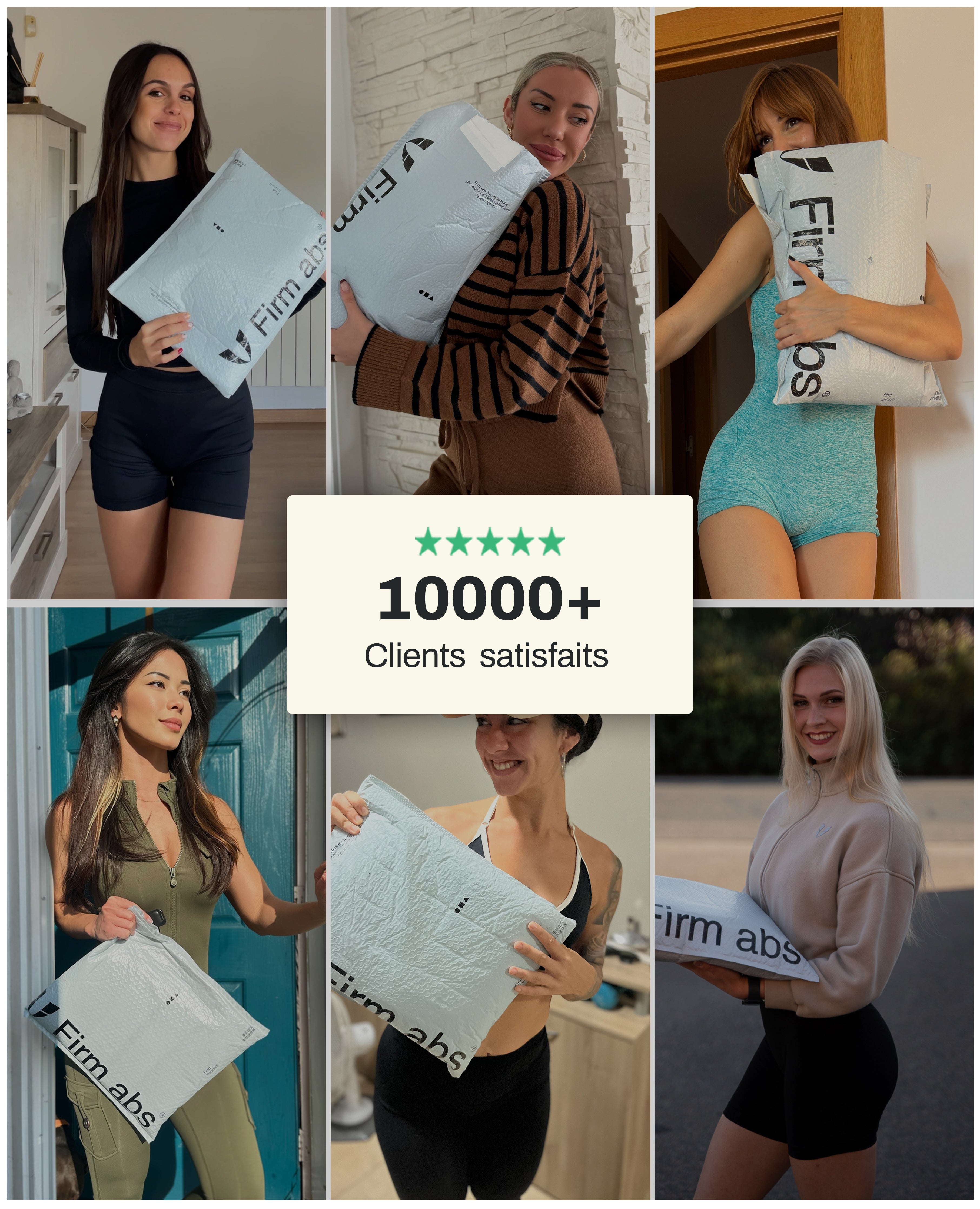 Models holding Firm Abs packaging showcasing women's camo fitness apparel leggings in various colors and styles