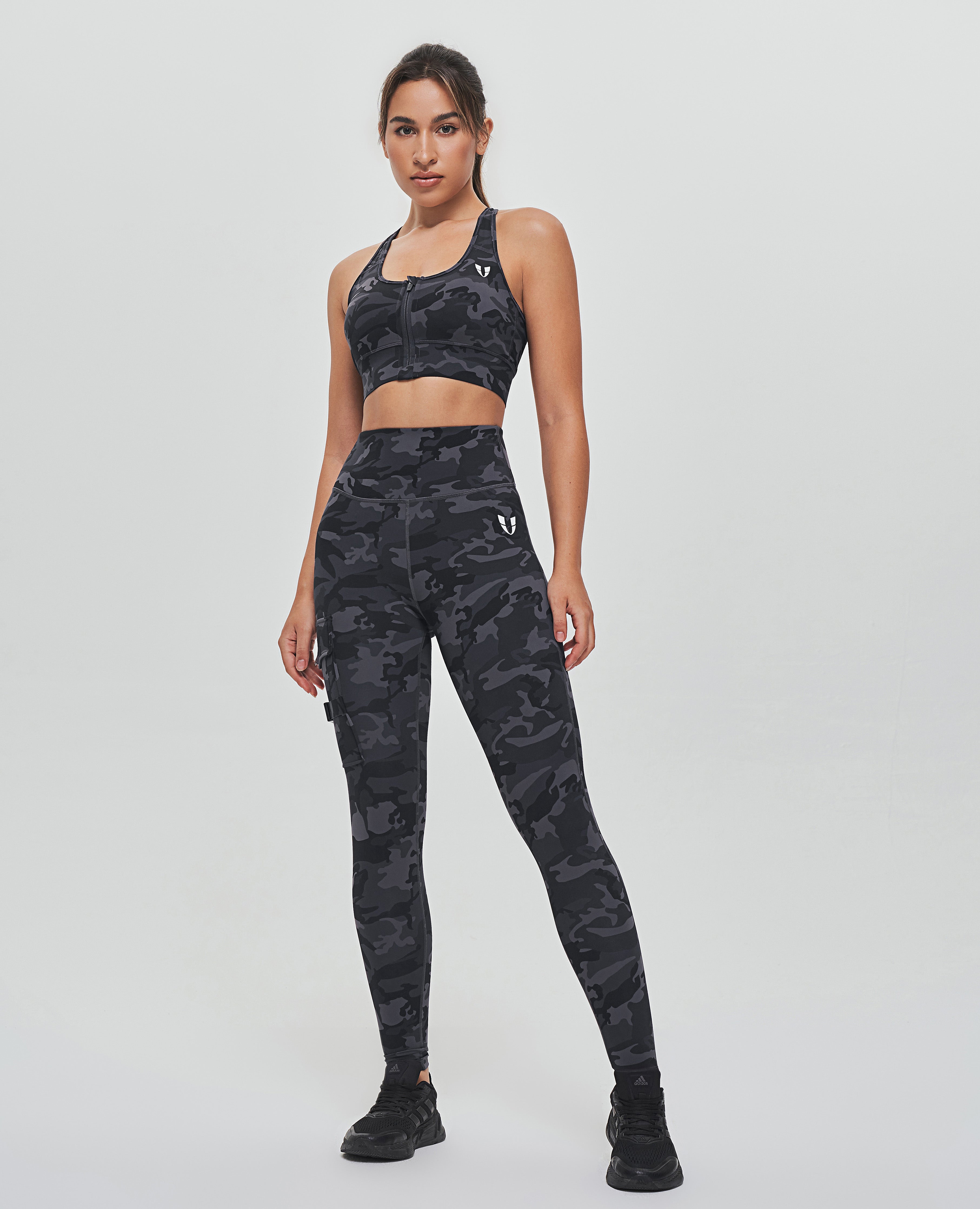 Zip Front Sports Bra - Gray Camo