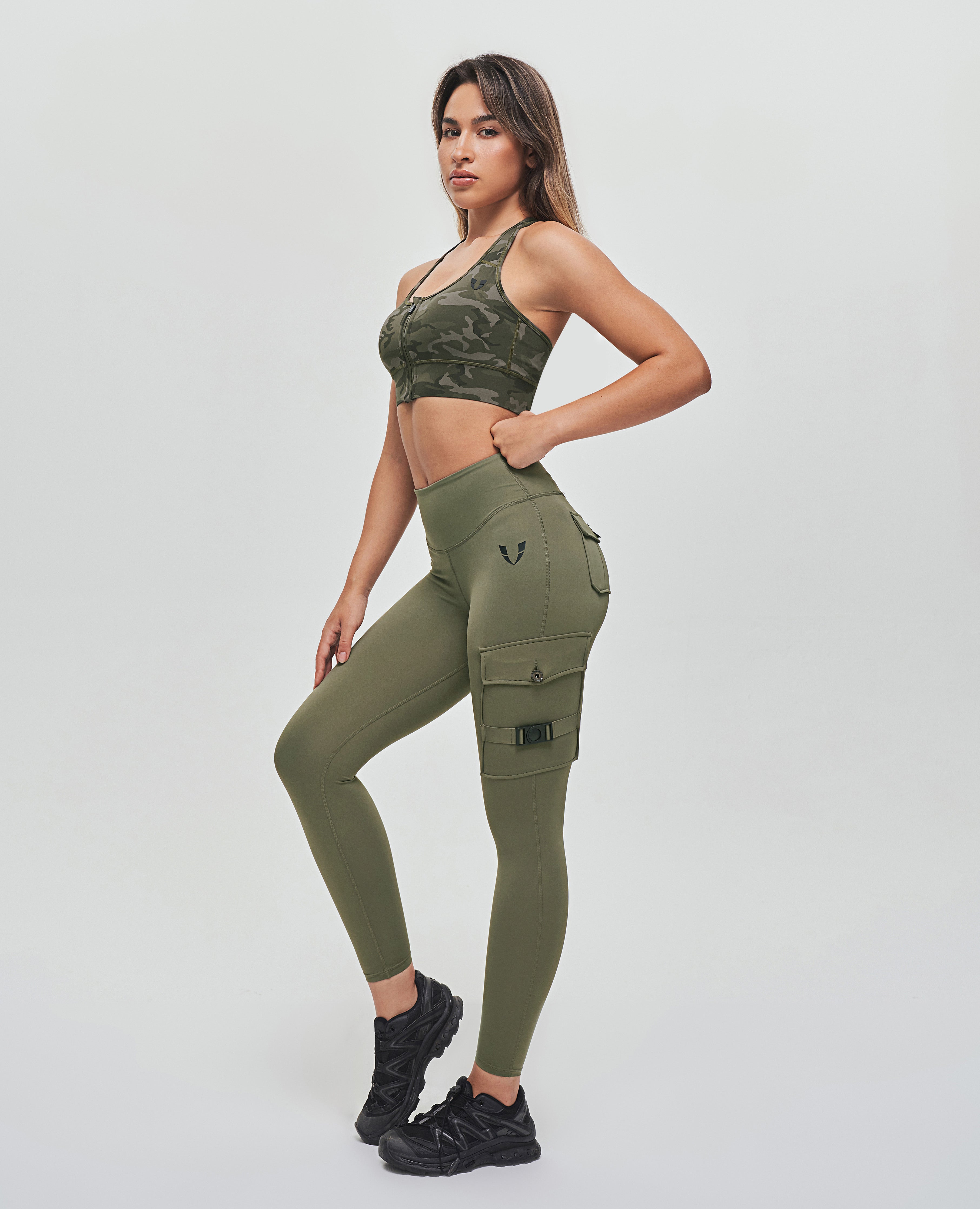 Zip Front Sports Bra - Green Camo