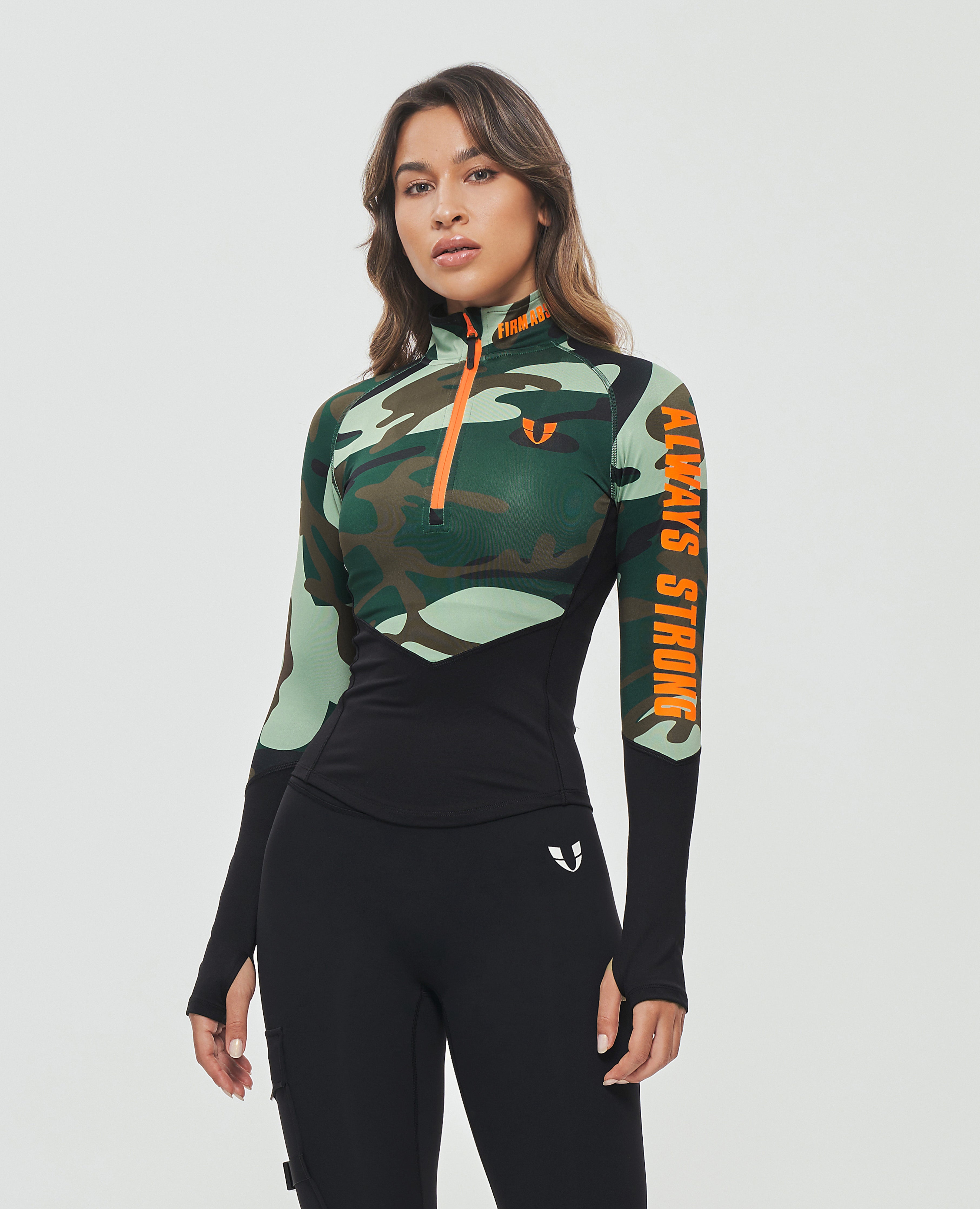 Half Zip Long Sleeve Top - Green Camo