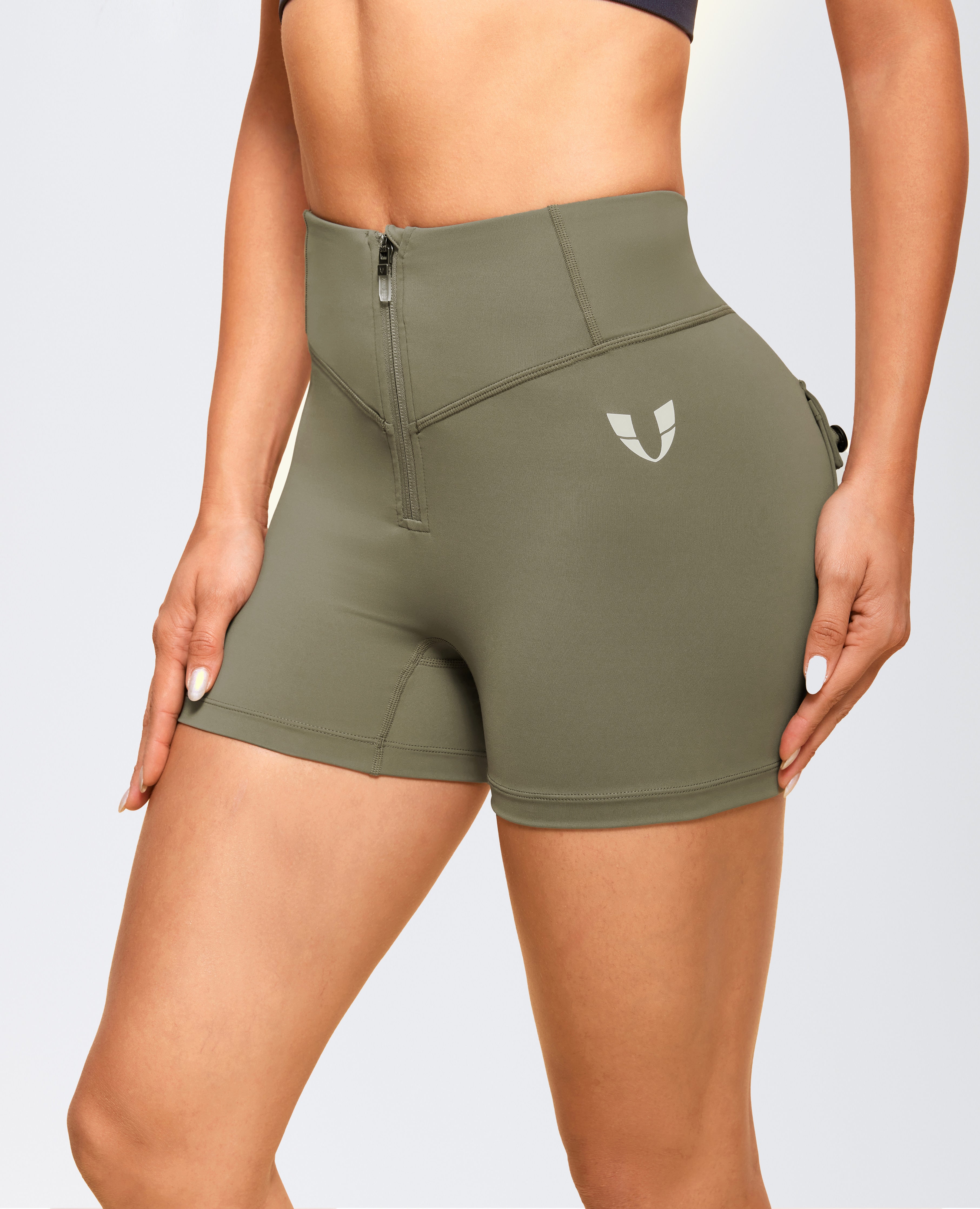 firm abs Zip Front Pocket Shorts - Army Green