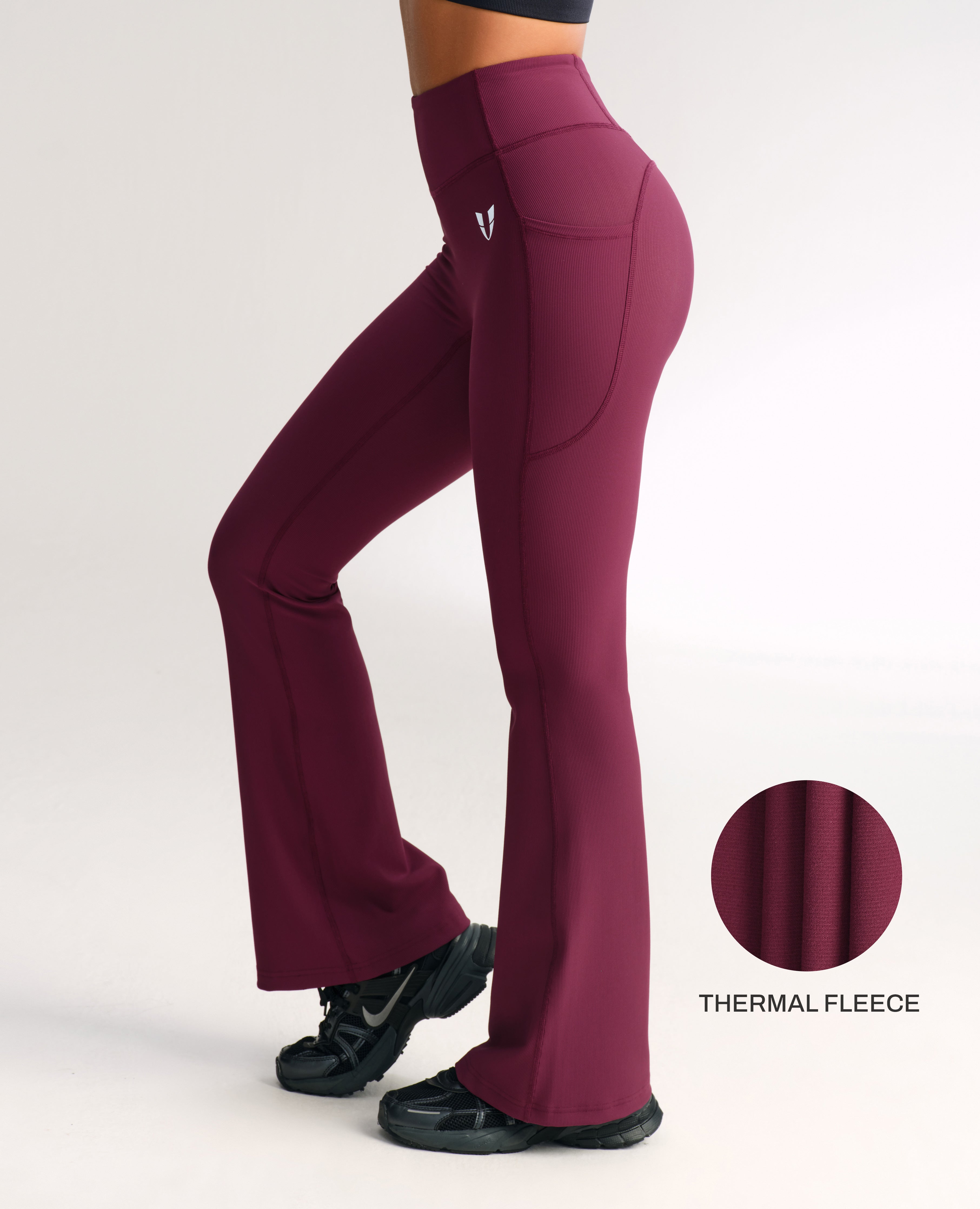 High Waisted Fleece Lined Flare Leggings - Jujube Red