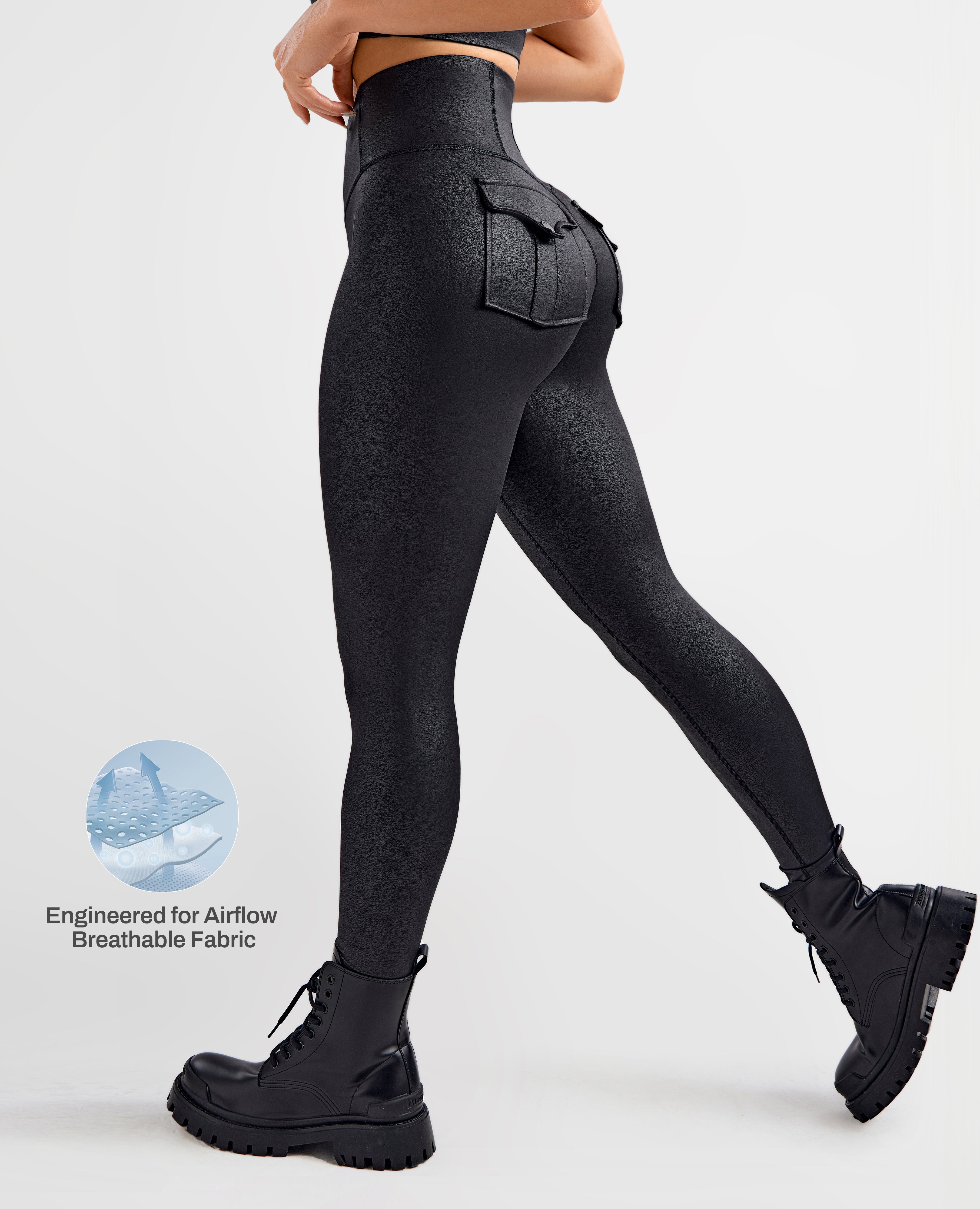 Breathable & Sculpting Faux Leather Leggings with Back Pockets – Black