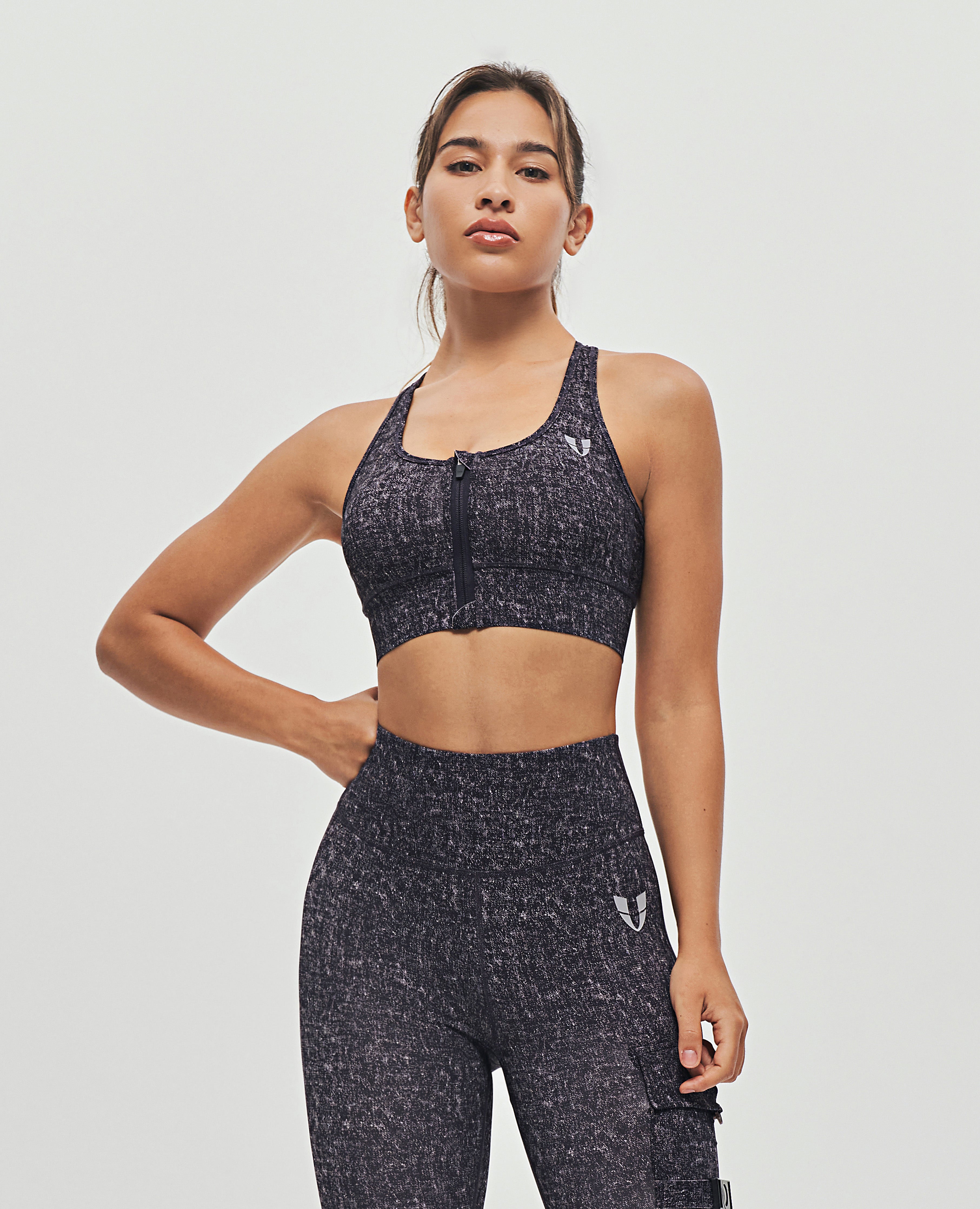 Zip Front Sports Bra Denim Black