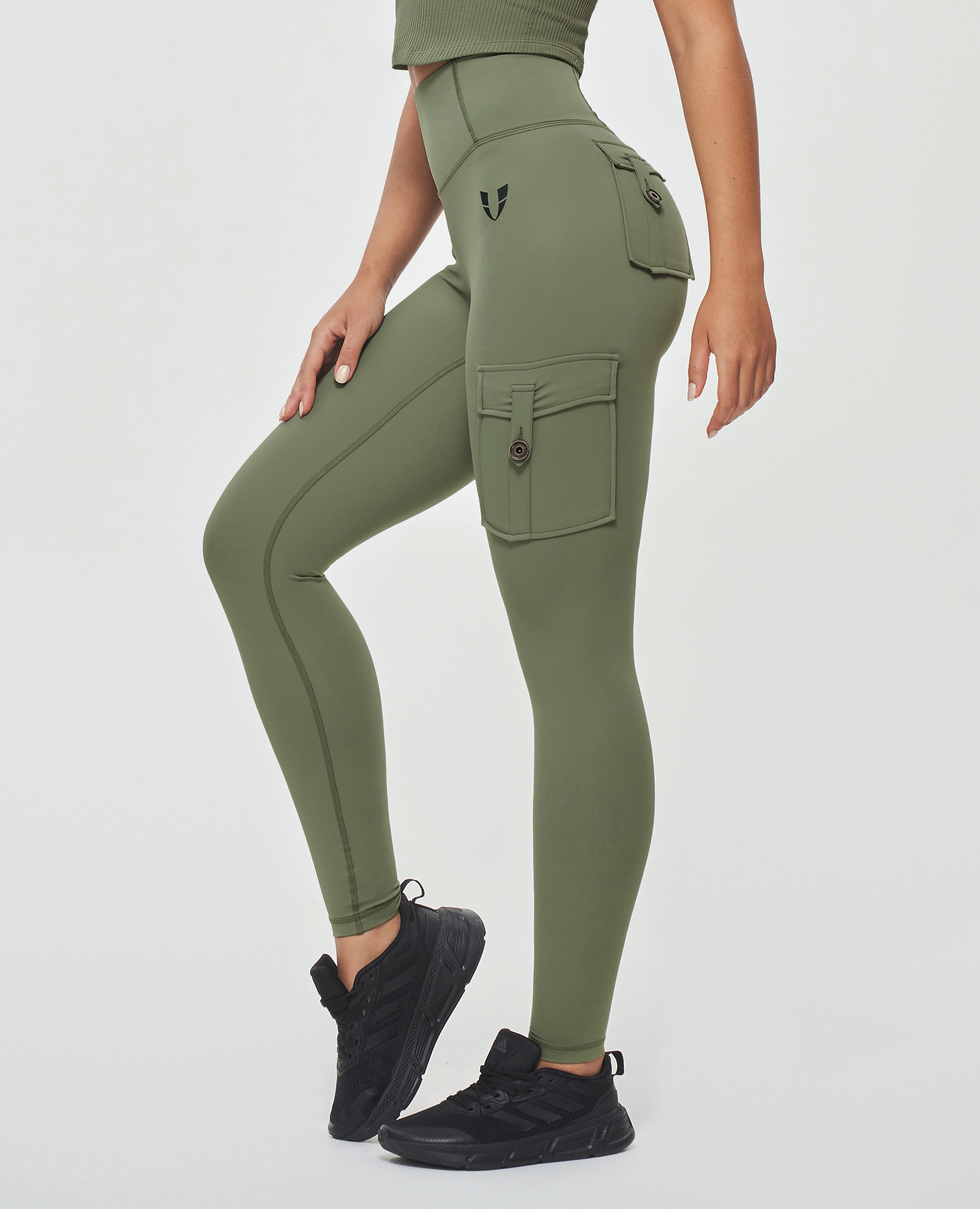 Cargo-Leggings mit hoher Taille – Olivgrün