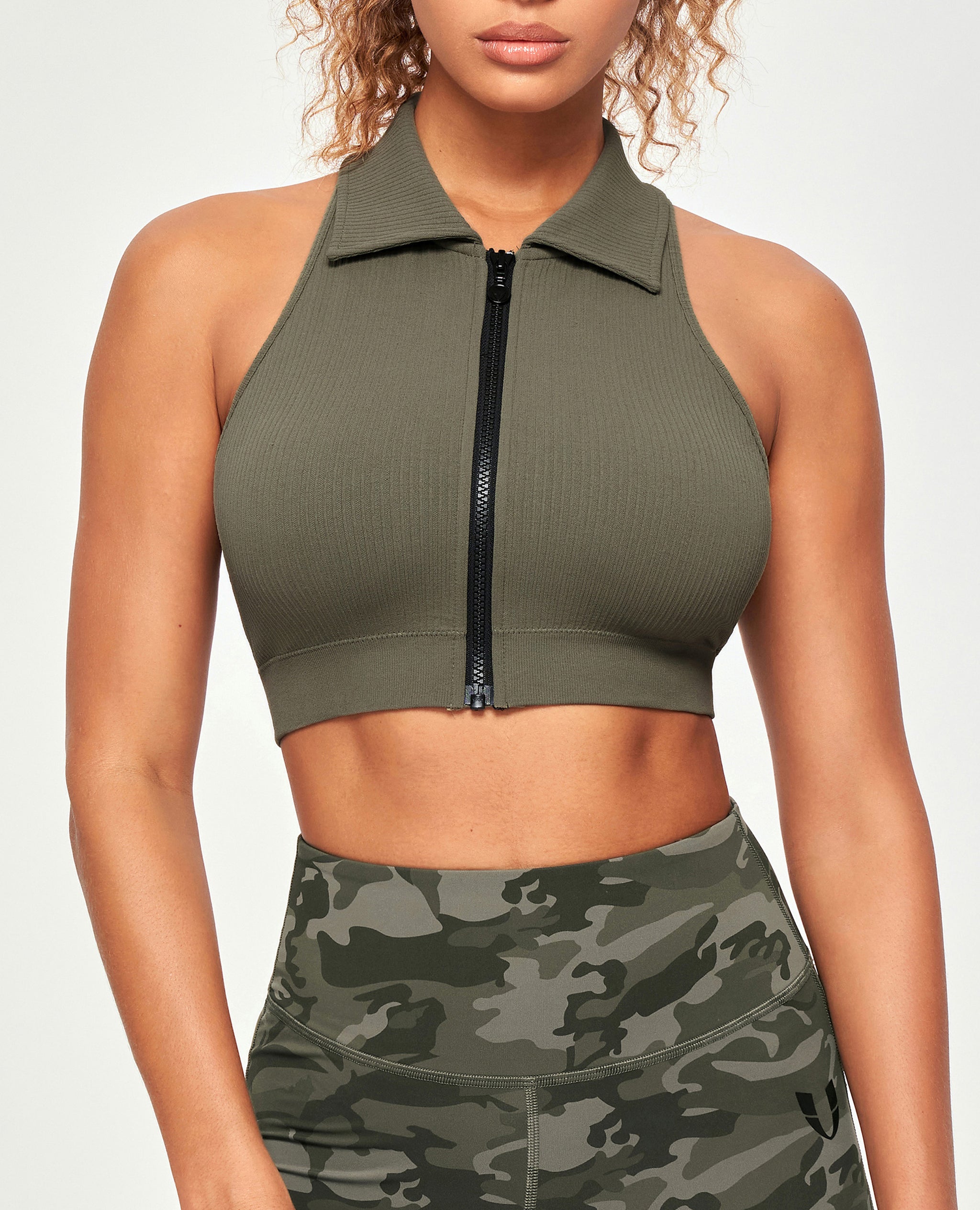 Ribbed Full Zip Padded Tank Top Olive Green | FIRM ABS