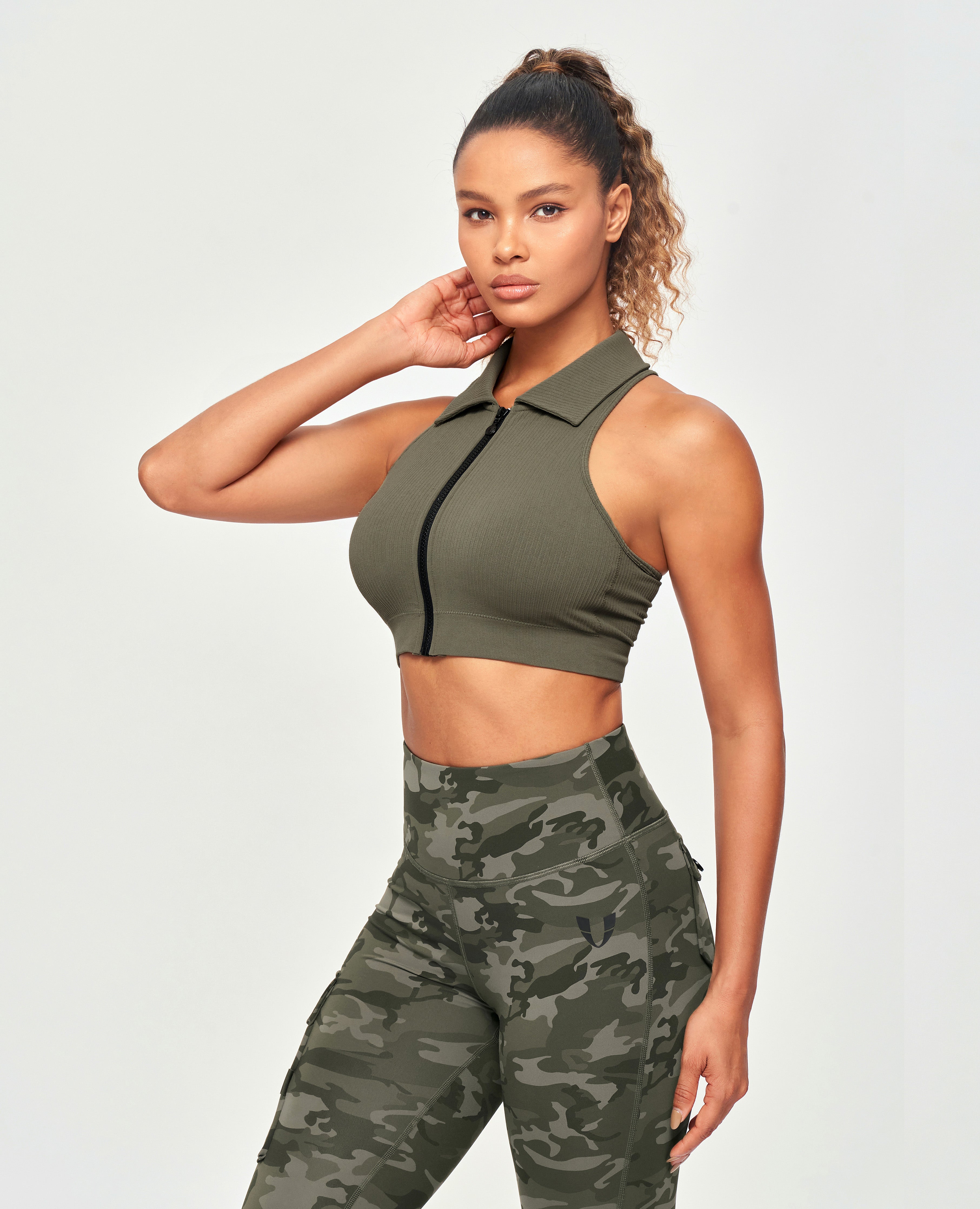 Ribbed Full Zip Padded Tank Top - Olive Green