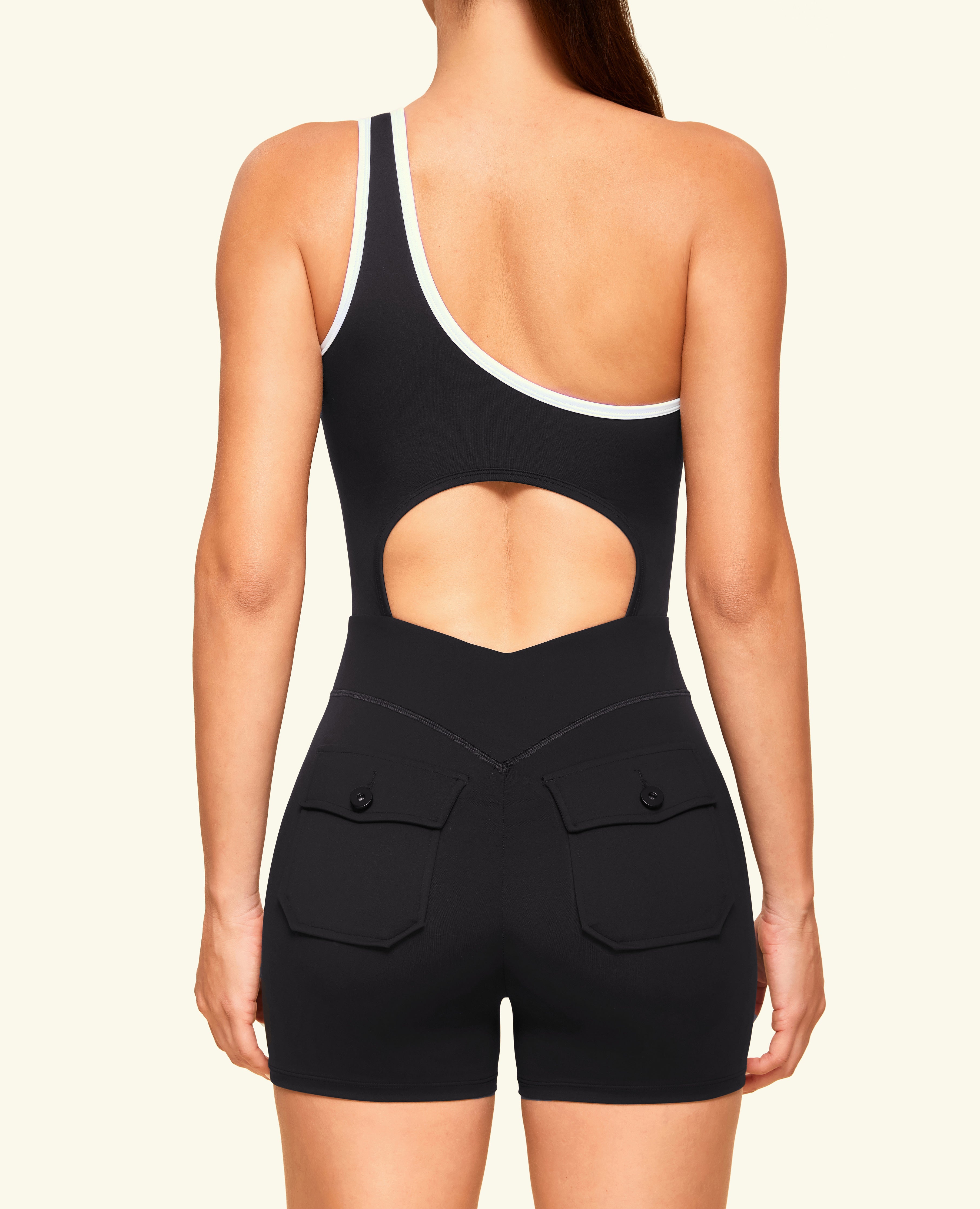 One Shoulder Pocket Bodysuit Short  - Black